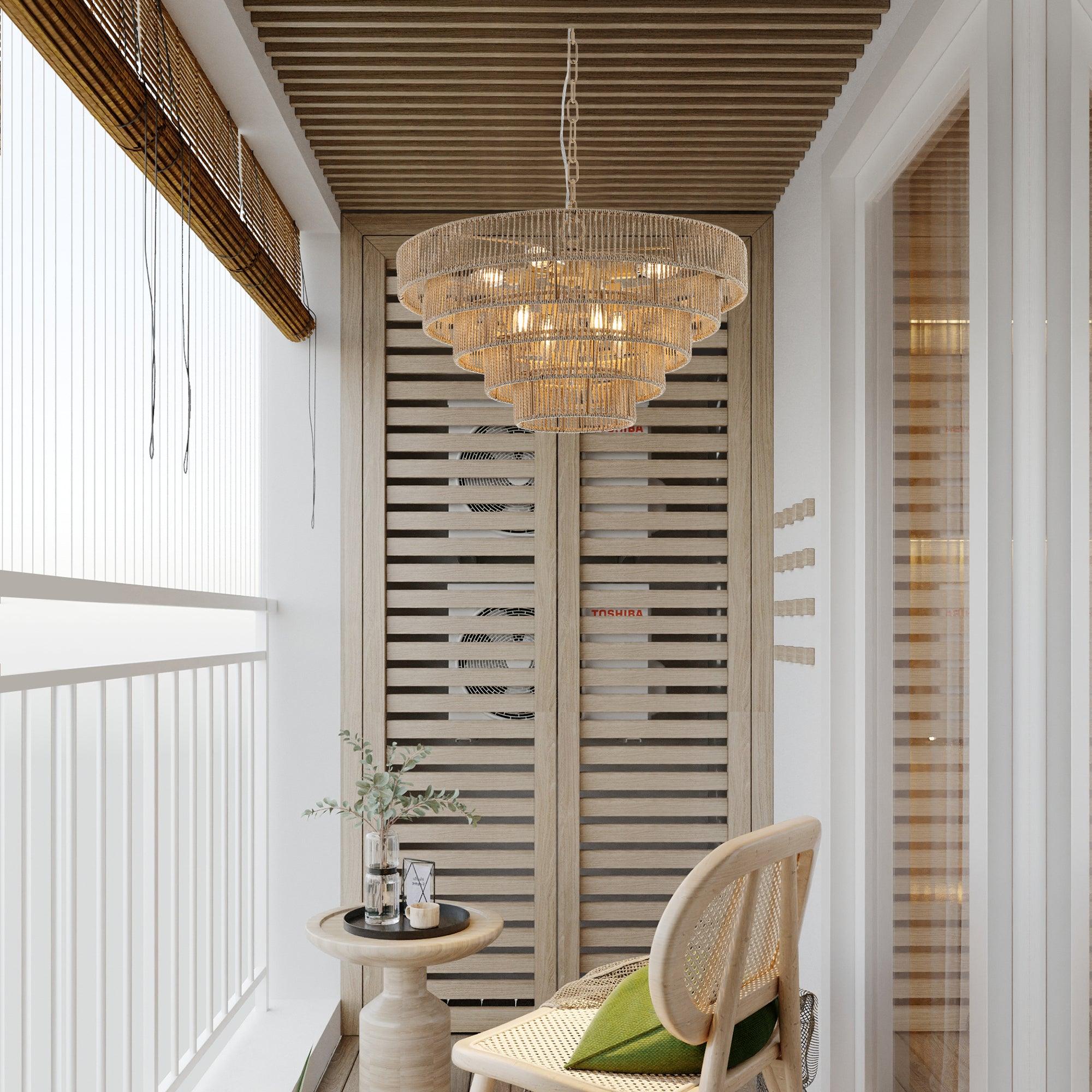 Bohemian Style 23.6 Inch Woven Rattan Pendant Light - 5 Tier Natural Wood Chandelier for Dining Room, Bedroom & Boho Home Decor
