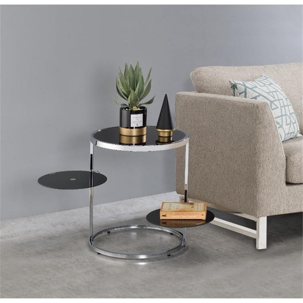 Acme Lynch Modern Round Glass End Table with 2-Tier Swivel Shelf in Black & Chrome - Perfect for Living Room, Bedroom, or Office Decor