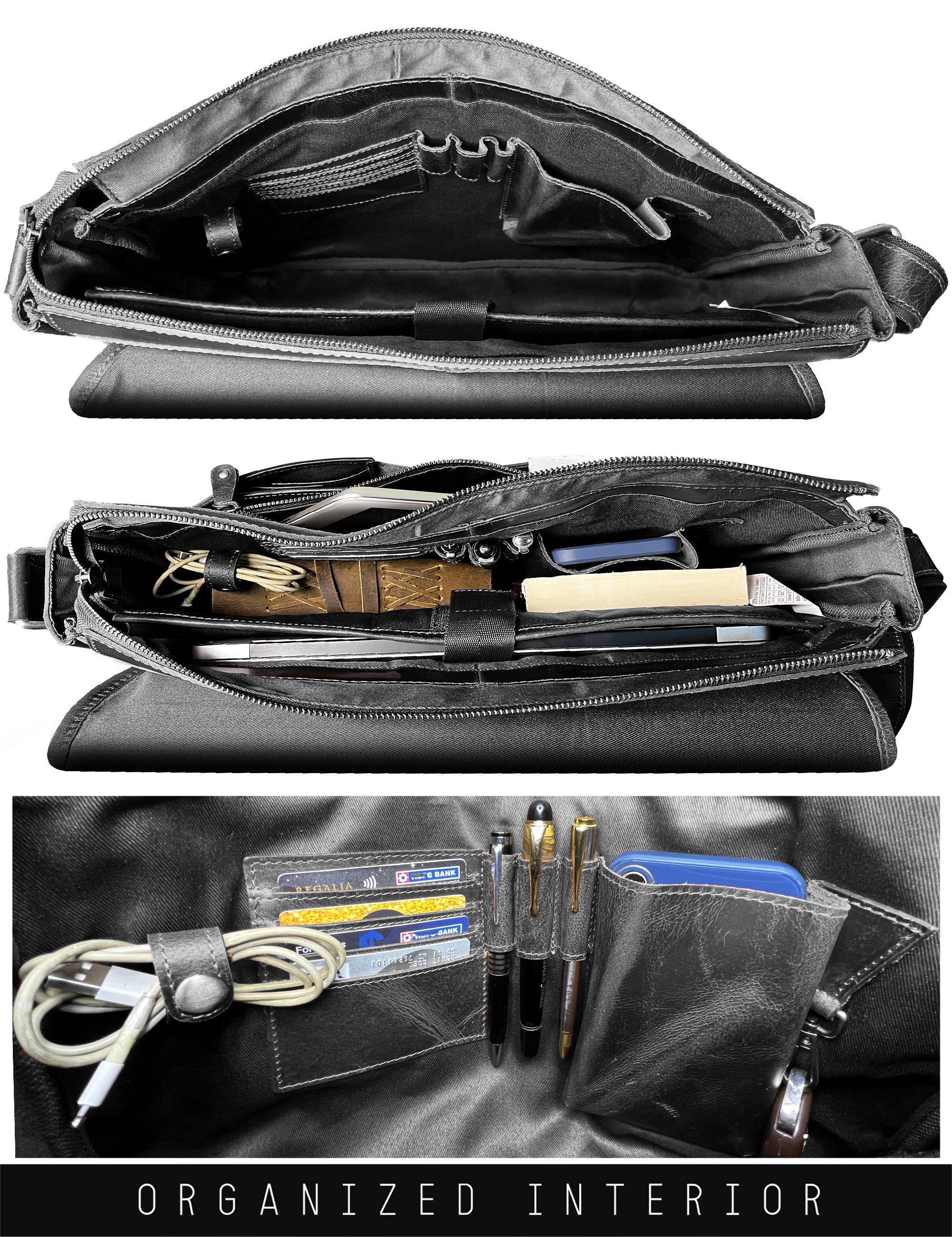 Premium Ranger Buffalo Leather Crossbody Laptop Messenger Bag for Men & Women - 16 Inch Waterproof Business Briefcase (Black) - Perfect for Work, Travel & Daily Commute