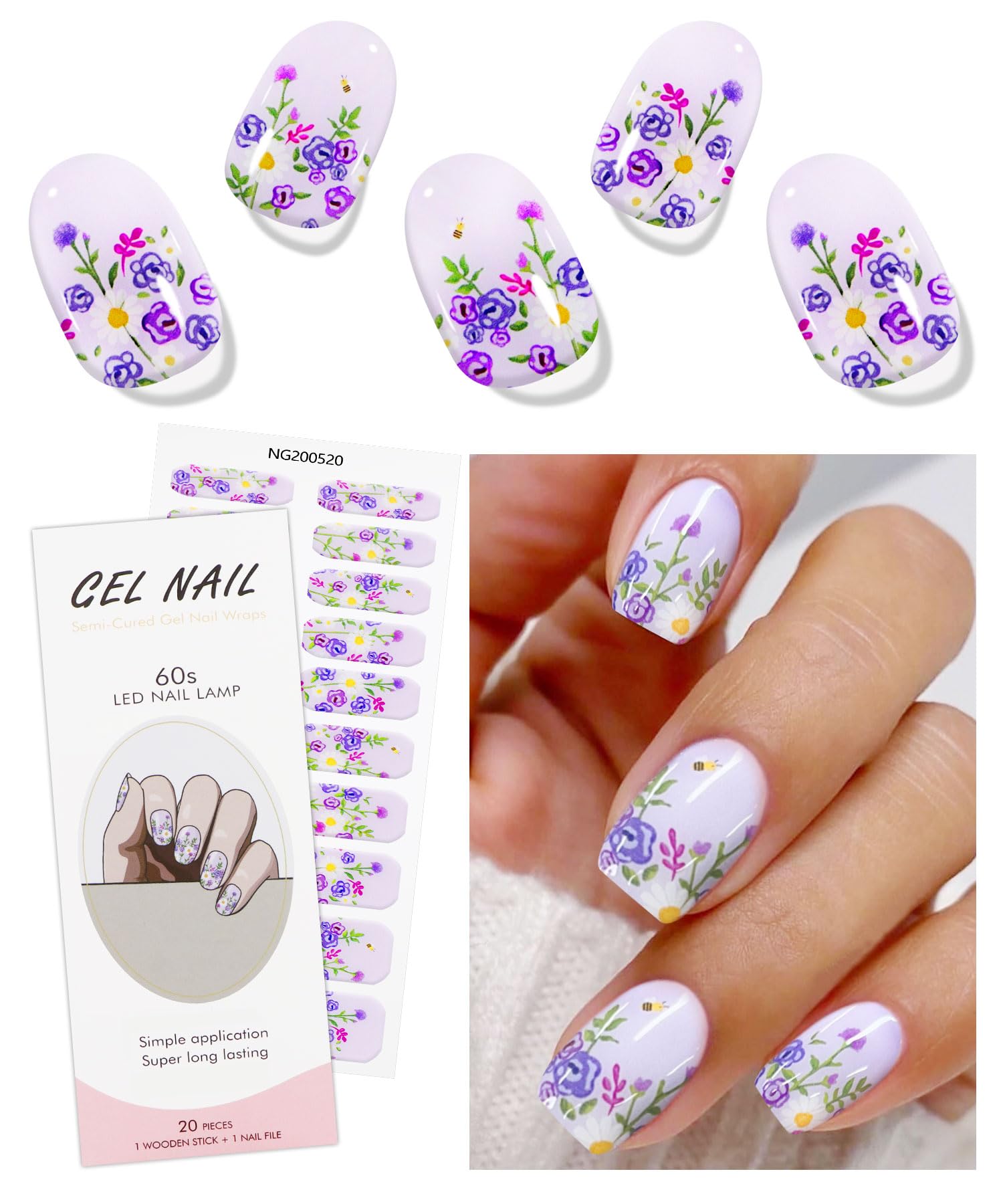JMEOWIO Purple Flower Semi-Cured Gel Nail Strips - DIY UV/LED Cured Nail Stickers for Salon-Quality Manicures | Perfect for Nail Art Designs, Home Use & Professional Nail Decoration
