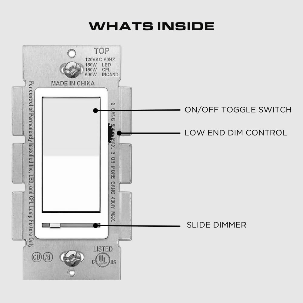 LED Wall Dimmer Switch for LED Lights - 3-Way & Single Pole, 150W LED/CFL & 600W Incandescent Compatible, Rocker & Slide Dimmer, No Neutral Wire (120V) - Perfect for Bedrooms, Living Rooms & Home Lighting Control