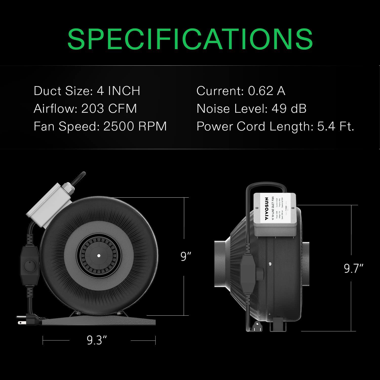 VIVOSUN Z4 4 Inch 203 CFM Inline Duct Fan with Variable Speed Controller - Grow Tent Ventilation, Indoor Garden Air Circulation, Hydroponics System Cooling - Perfect for Home Grow Rooms, Greenhouses & Ventilation Systems