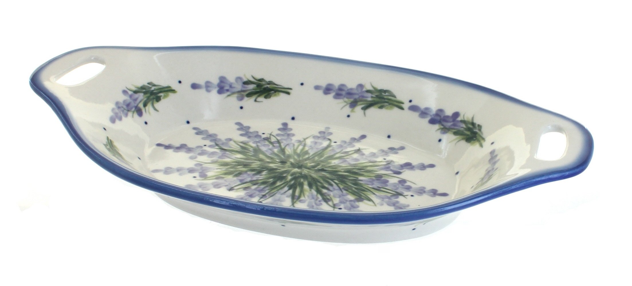 Handmade Blue Rose Polish Pottery Oval Serving Dish with Handles - Lavender Fields Design - Perfect for Cheese Platters, Appetizers & Home Decor