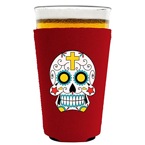 Sugar Skull Pint Glass with Red Coolie - Perfect for Halloween Parties, Mexican Themed Events & Home Bar Decor