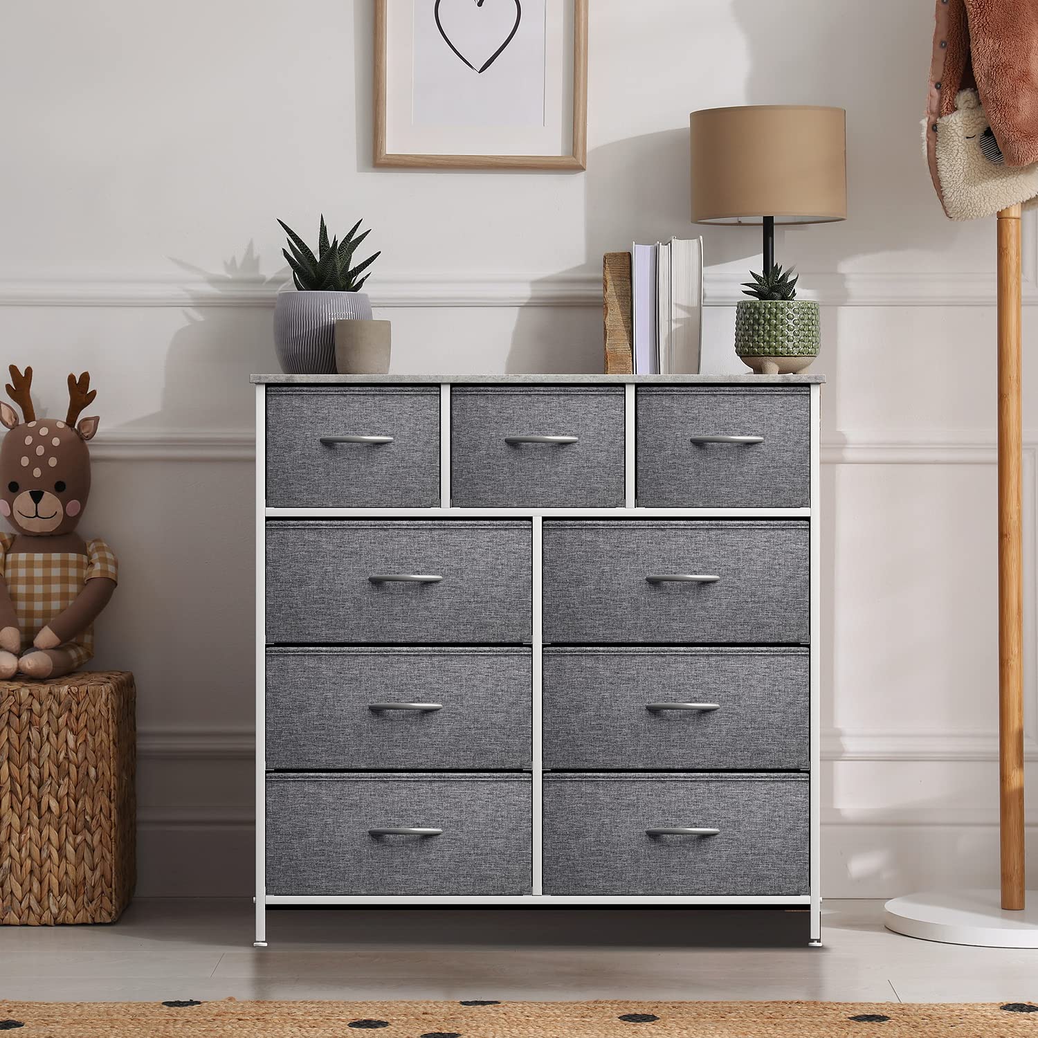 Sorbus 9-Drawer Dresser Organizer - Sturdy Steel Frame & Wood Top Storage Chest for Bedroom, Hallway, Closet & Office - Easy Pull Fabric Bins in Grey | Perfect for Small Space Organization & Home Decor