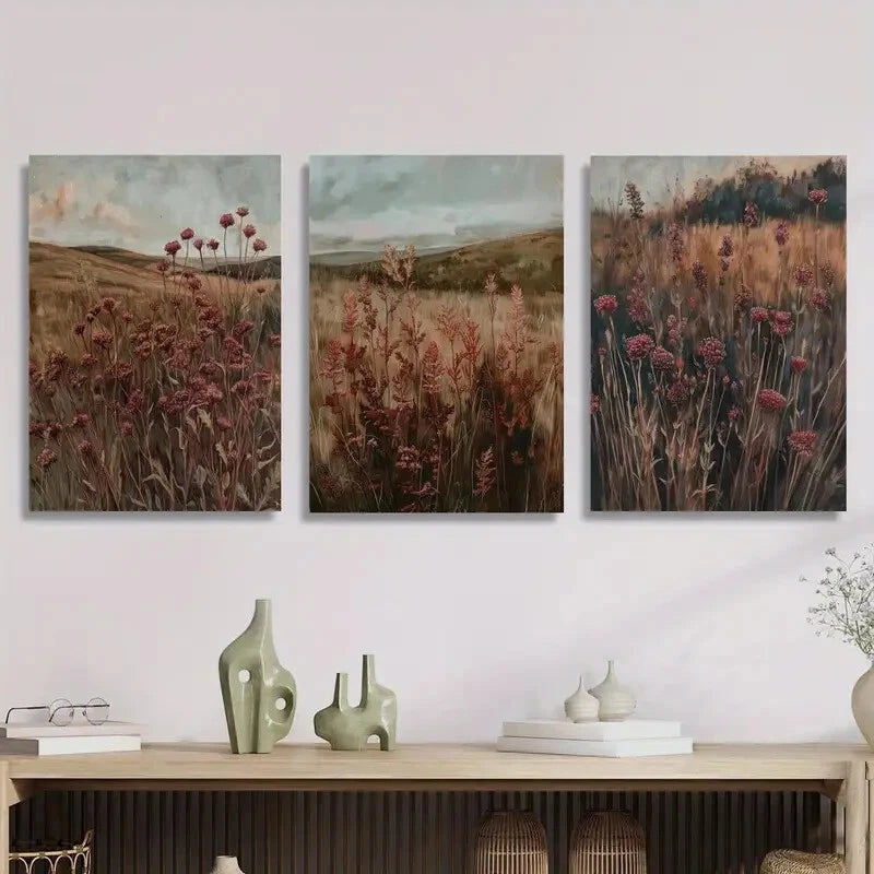 3-Piece Wildflower Metal Wall Art - Deep Red Floral Painting, Ready to Hang Home Decor | Perfect for Living Room, Bedroom & Office