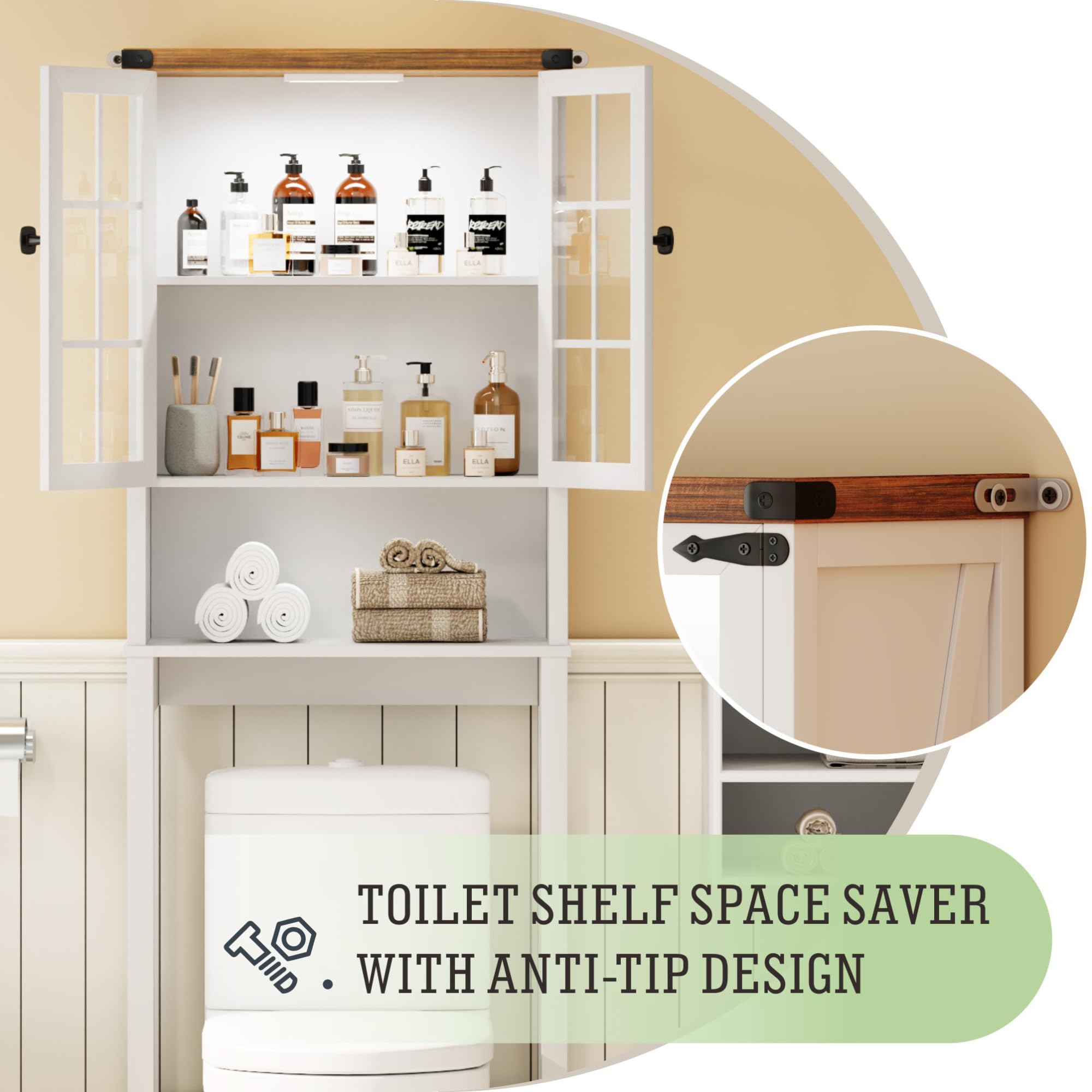 Farmhouse Over The Toilet Storage Cabinet with Shelves & Doors - White Free-Standing Bathroom Organizer with Anti-Tip Design & Ceiling Light - Perfect for Small Bathrooms, Apartments, and Space-Saving Storage Solutions