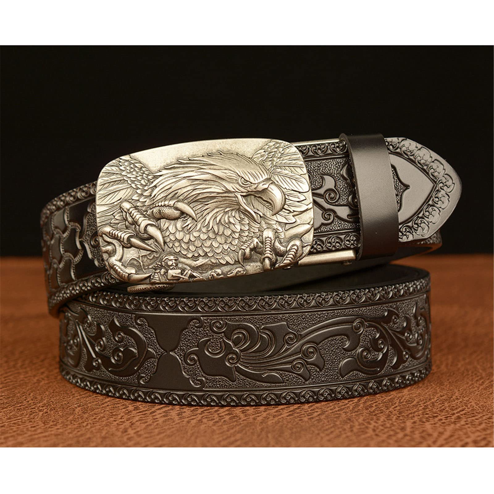 Men's & Women's Eagle Automatic Buckle Leather Belt - Western Style Carved Pattern Casual Belt for Jeans | Perfect for Everyday Wear, Office & Western Outfits