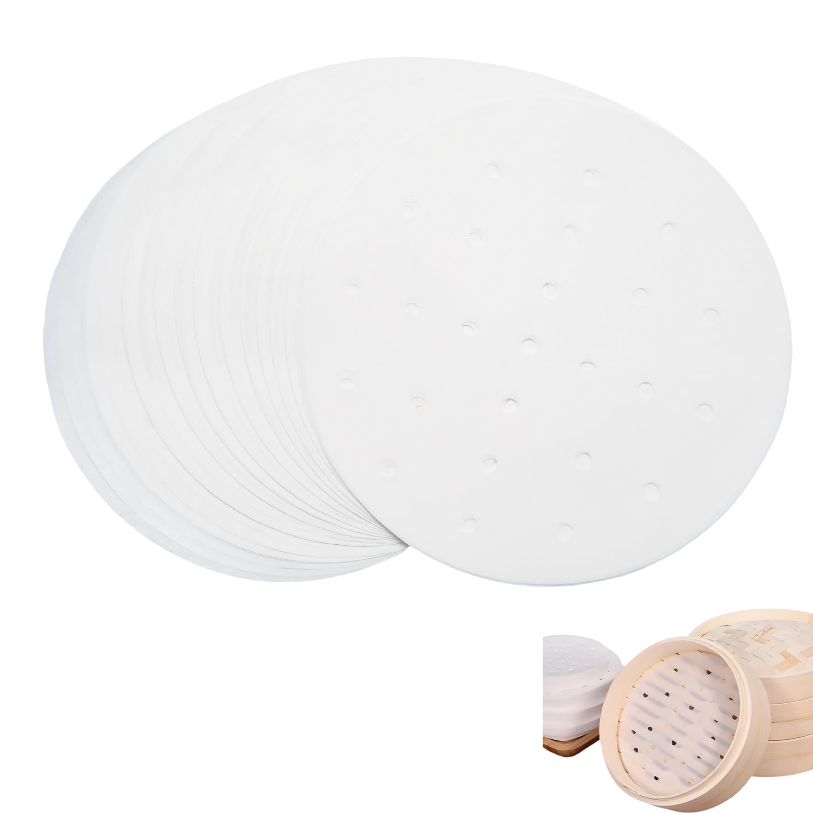 100 PCS 8 Inch Bamboo Steamer Liners with Holes - Round Reusable Parchment Paper for Steamer Baskets, Air Fryer, Dumplings & Asian Cooking - Microwave & Oven Safe