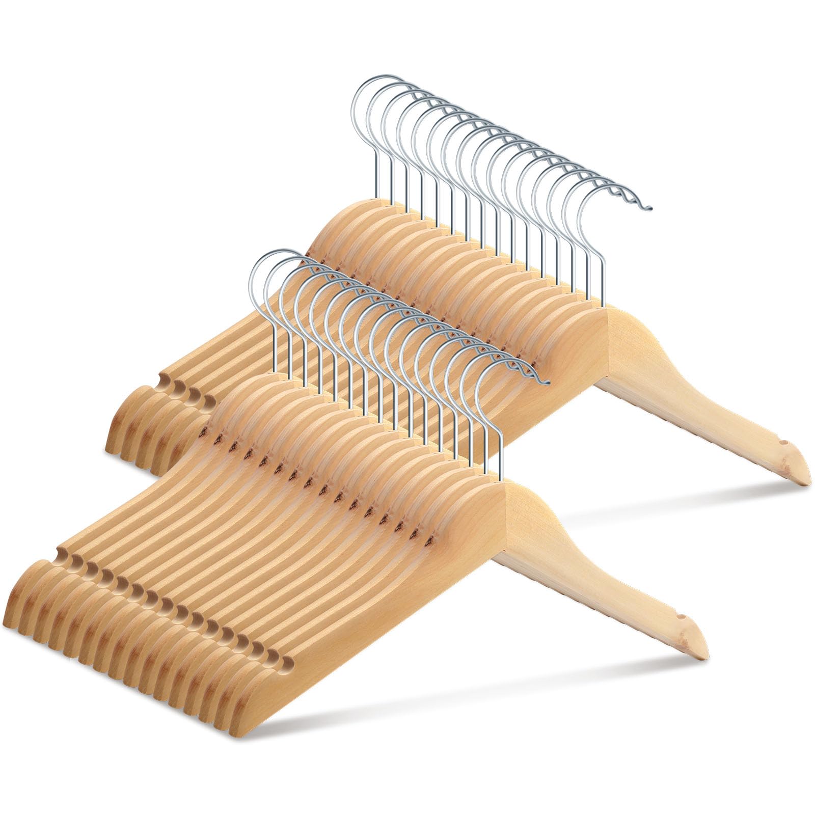 50 Pack Wooden Baby Hangers with Pants Bar - 12.6 Inch Kids Closet Organizers, Anti-Rust Swivel Hooks & Shoulder Notches for Nursery, Children's Clothing Storage & Wardrobe Organization