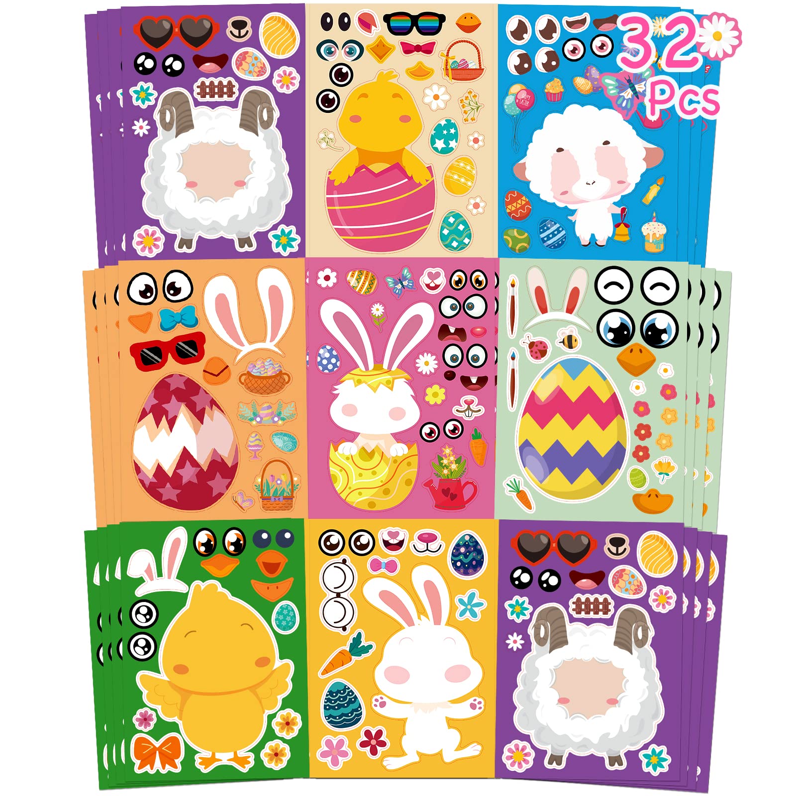 32 Sheets Easter Stickers for Kids - DIY Make-A-Face Farm Animal Stickers with Easter Eggs, Rabbits, Chicks & Sheep - Mix & Match Sticker Set for Easter Party Favors, DIY Crafts & Home Decor - Perfect for Easter Egg Hunts, Classroom Activities & Kids' Scrapbooking