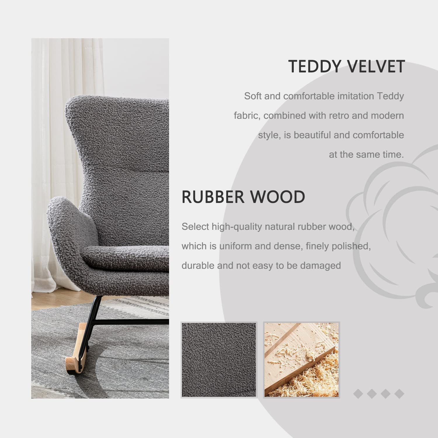 Modern Rocking Chair - Plush Upholstered Accent Chair with High Backrest & Armrests, Nursery Glider Rocker for Baby Room, Living Room & Bedroom (Grey) - Perfect for Nursing, Relaxing & Home Decor