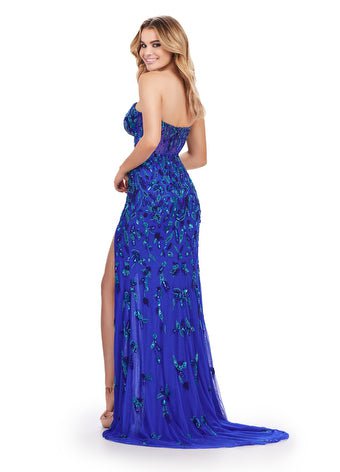 ASHLEYlauren 11614 Fully Beaded Strapless Evening Gown with High Leg Slit & Corset Bustier - Perfect for Prom, Red Carpet & Formal Events