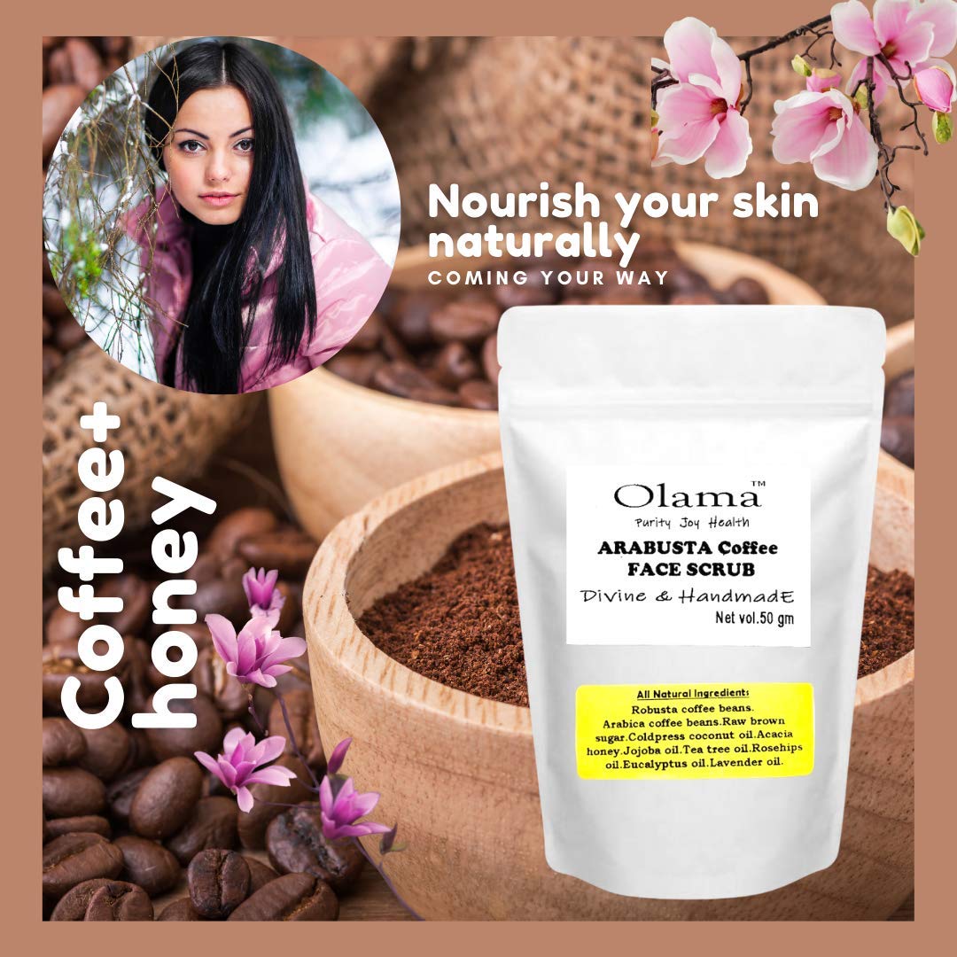 Olama Coffee & Honey Face Scrub - Divine & Handmade Arabusta Coffee Scrub with Sugar, Jojoba Oil, Rosehip Oil, Almond Oil & Virgin Coconut Oil - Luxury Paraben & SLS Free Facial Exfoliator (50g) - Perfect for Glowing Skin & Spa Day Self-Care