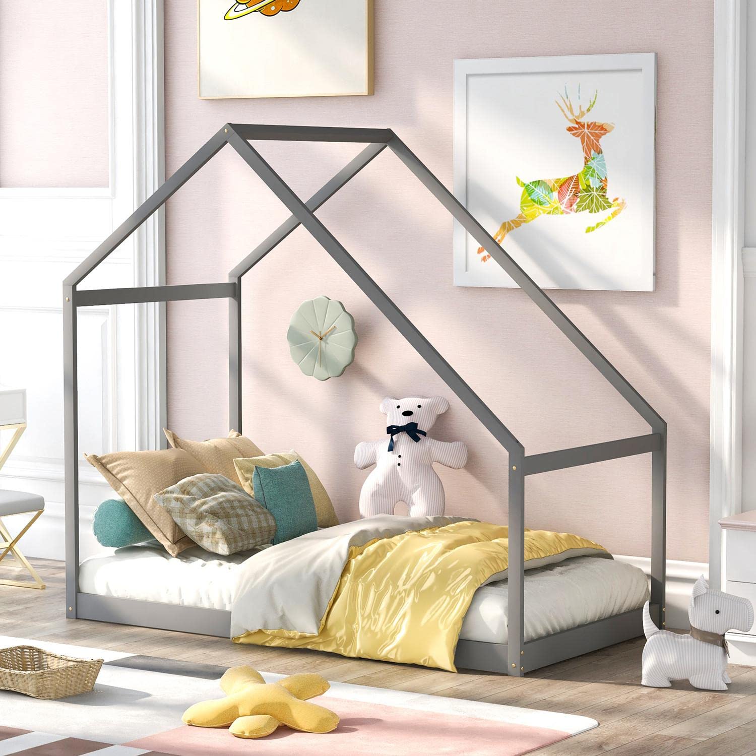 Montessori Twin Size Floor Bed Frame for Kids - Wooden House Daybed with Tent for Boys & Girls, No Box Spring Needed, Gray (78.7