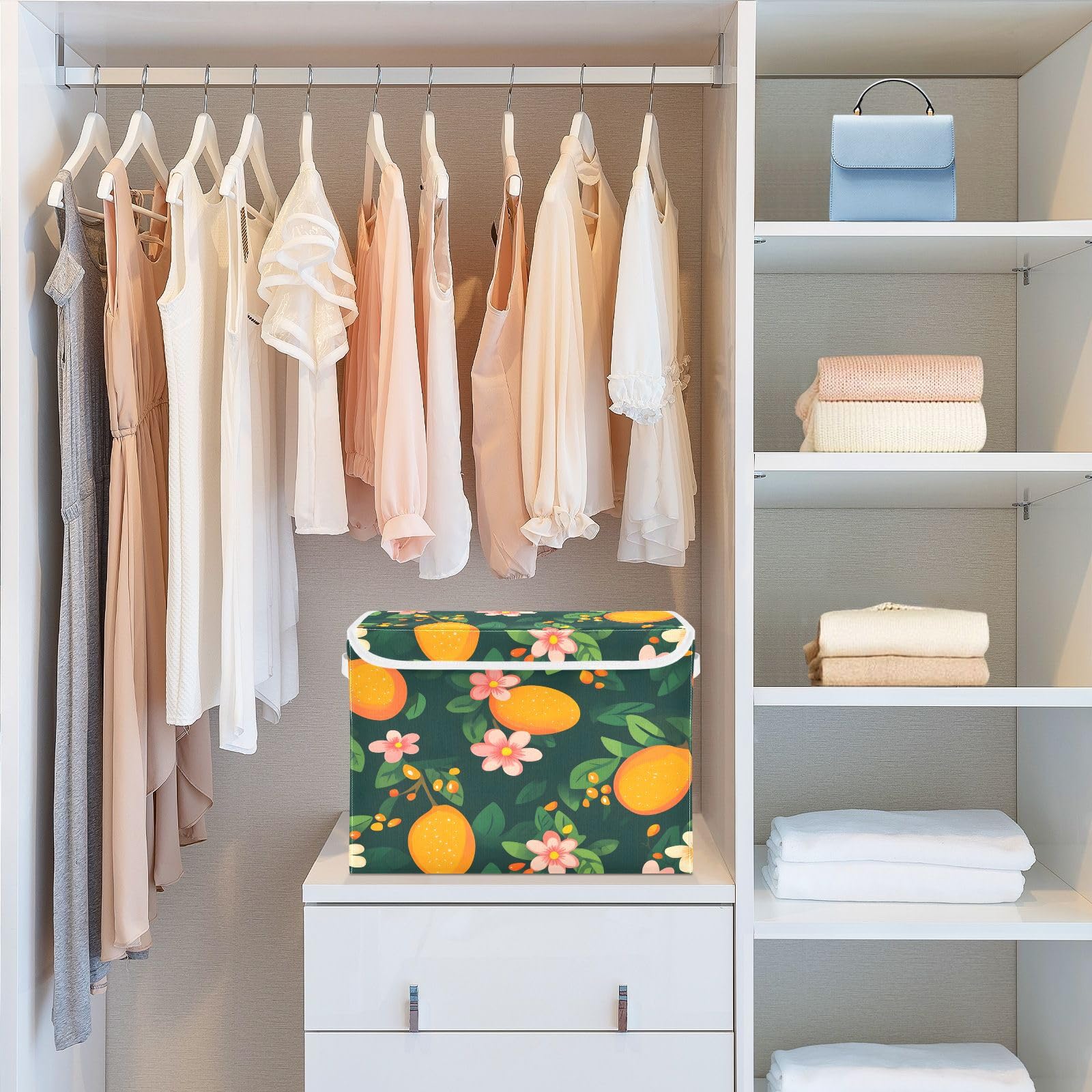 Mango Flower Leaf Pattern Foldable Fabric Storage Bins with Lids - Collapsible Organizer Box for Home, Bedroom, Closet & Office - Perfect for Clothes, Toys, Blankets & Seasonal Storage