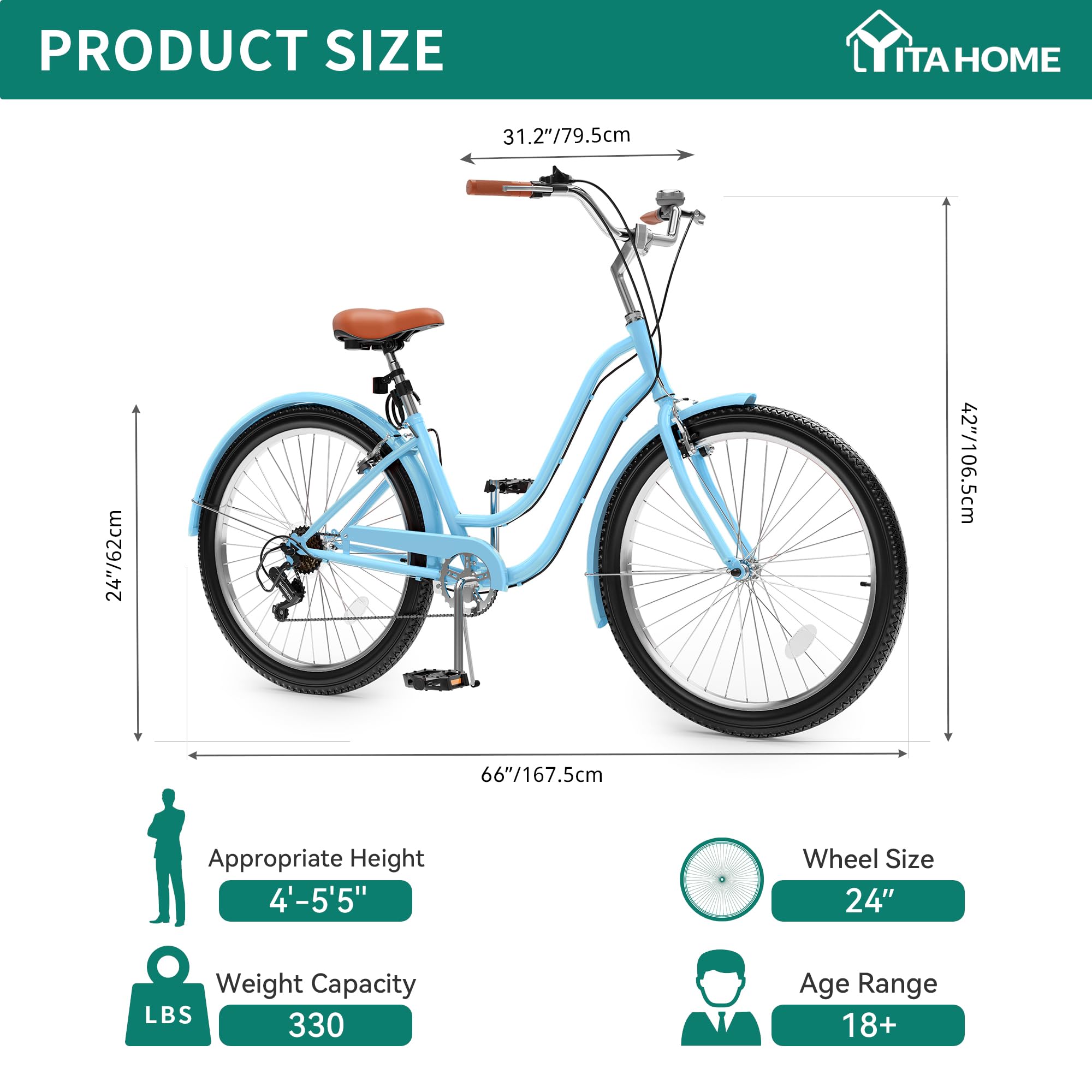 YITAHOME 24 & 26 Inch Beach Cruiser Bike for Adults - 7 Speed & Single Speed Commuter Bicycle with Step-Through Frame, Steel Construction & Full Fenders - Perfect for Leisure Rides, Beach Cruising & Urban Commuting