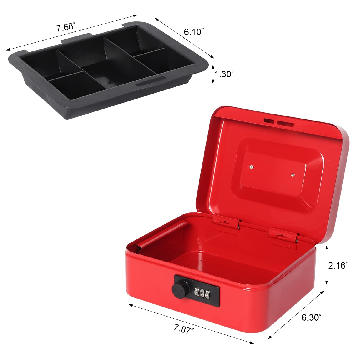 Lovndi Small Metal Cash Box with Combination Lock - 7.87 x 6.3 x 3.54 Inch Money Storage Box with Removable Tray, Secure Cash Holder for Home, Office, or Retail Use (Red)