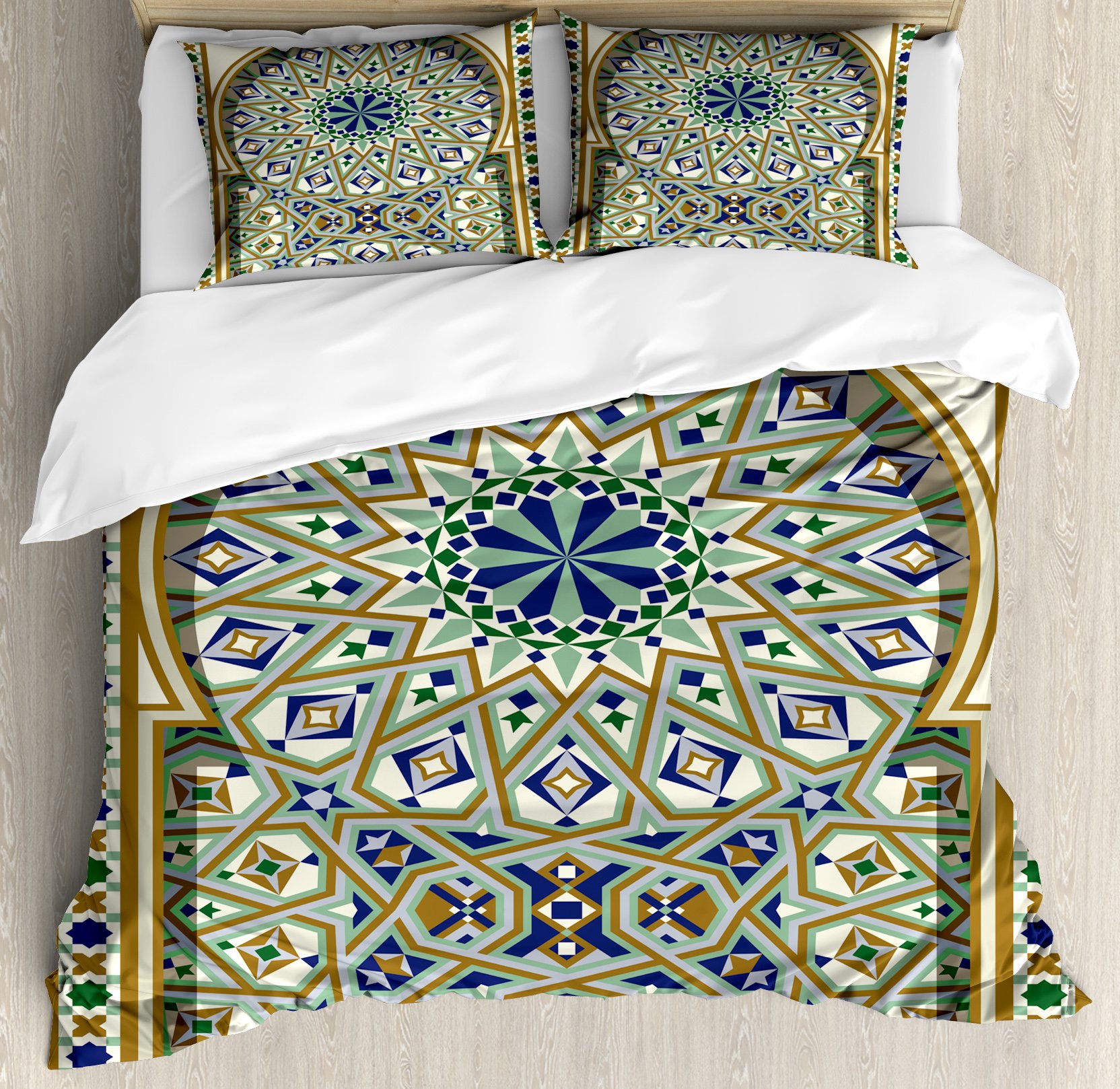 Ambesonne Turkish Pattern Duvet Cover Set - King Size 3 Piece Bedding with Geometric Arch Design, Star & Triangle Motifs in Caramel Green Indigo | Luxury Bohemian Bedroom Decor for Master & Guest Rooms