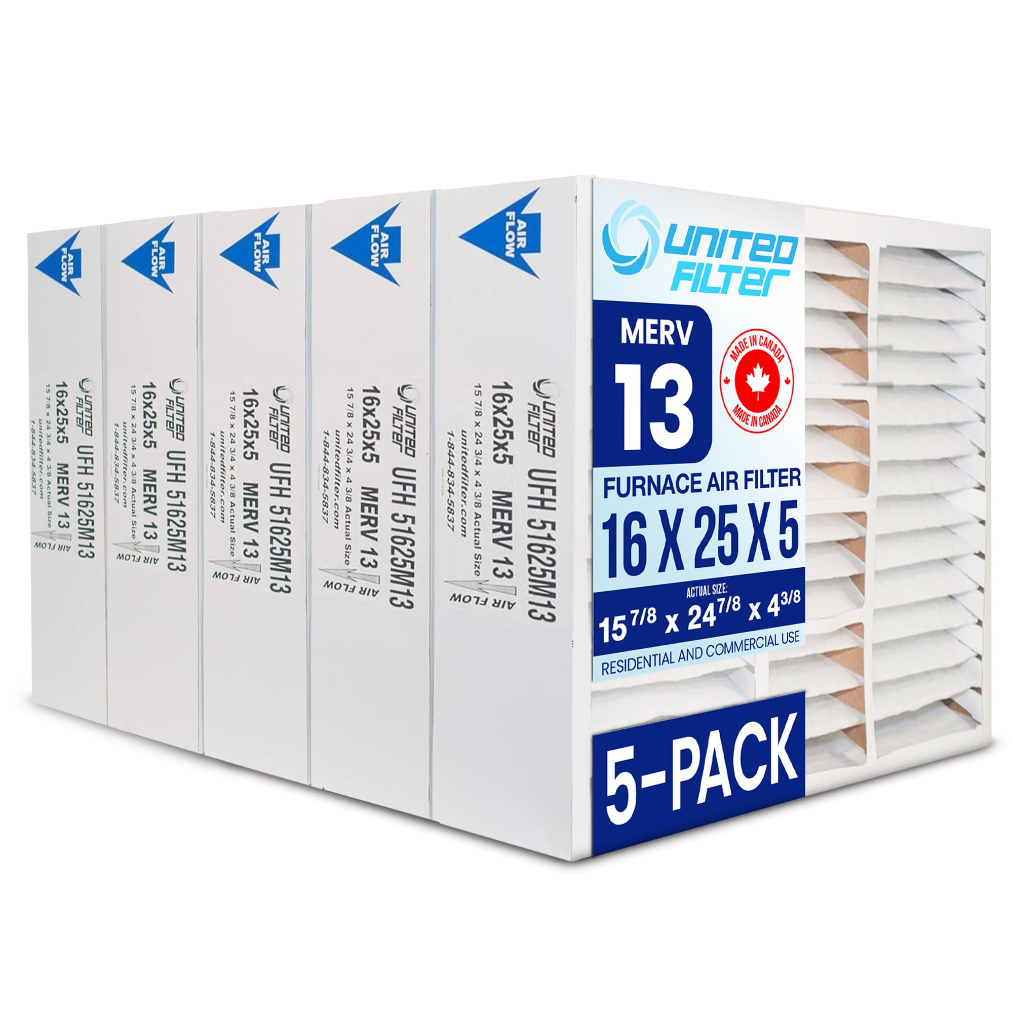 Honeywell Compatible 16x25x5 MERV 13 Pleated Air Filter (Case of 5) - Furnace & HVAC Filters for Dust, Pollen, Mold Spores, Smoke & Bacteria - Made in Canada - Perfect for Home, Office & Commercial Spaces