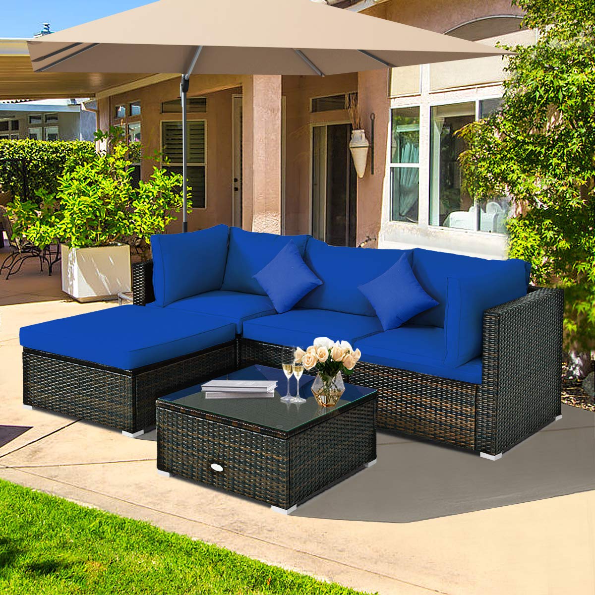 HAPPYGRILL 5-Piece Outdoor Patio Conversation Set - Rattan Wicker Sectional Sofa with Ottoman, Coffee Table, Cushions & Pillows - Perfect for Garden, Lawn, Balcony, Backyard & Poolside Relaxation