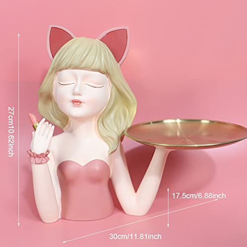 Modern Resin Cat Girl Statuette - Key Holder & Snack Tray | Pink Home Decor for Living Room, Office Desk | Unique Housewarming Gift Idea for Cat Lovers & Anime Fans