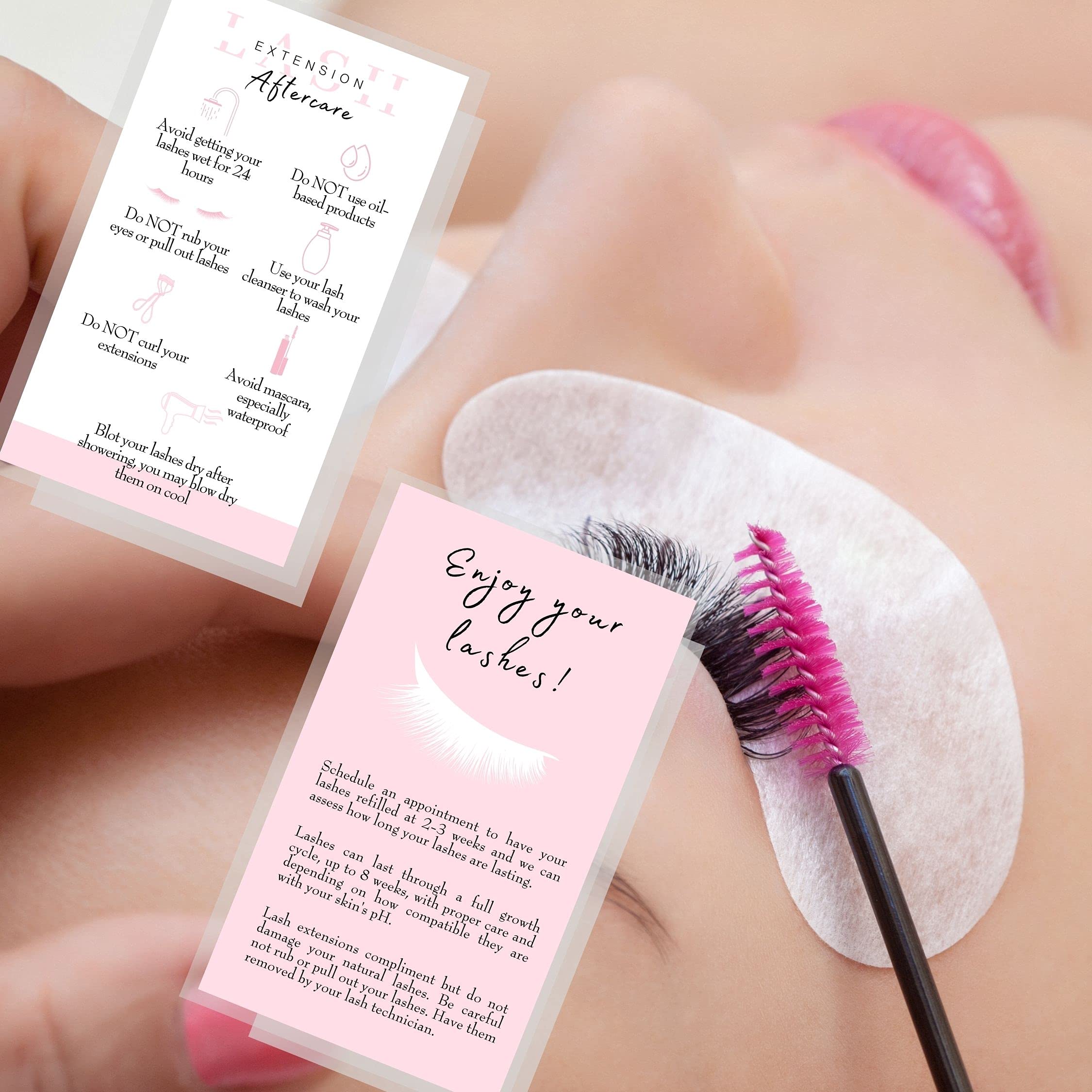 50 Pack Lash Extension Aftercare Cards - 3.5 x 2 Inch Business Card Size - White & Light Pink Eyelash Extension Supplies - Perfect for Lash Technicians & Salons to Educate Clients