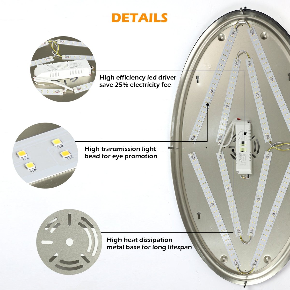 32-Inch Oval LED Ceiling Light Fixture - 65W Dimmable Flush Mount with Remote Control, 3000K/4000K/5000K Adjustable Color Temperature, Brushed Nickel Finish - Perfect for Bedroom, Living Room & Dining Room Lighting