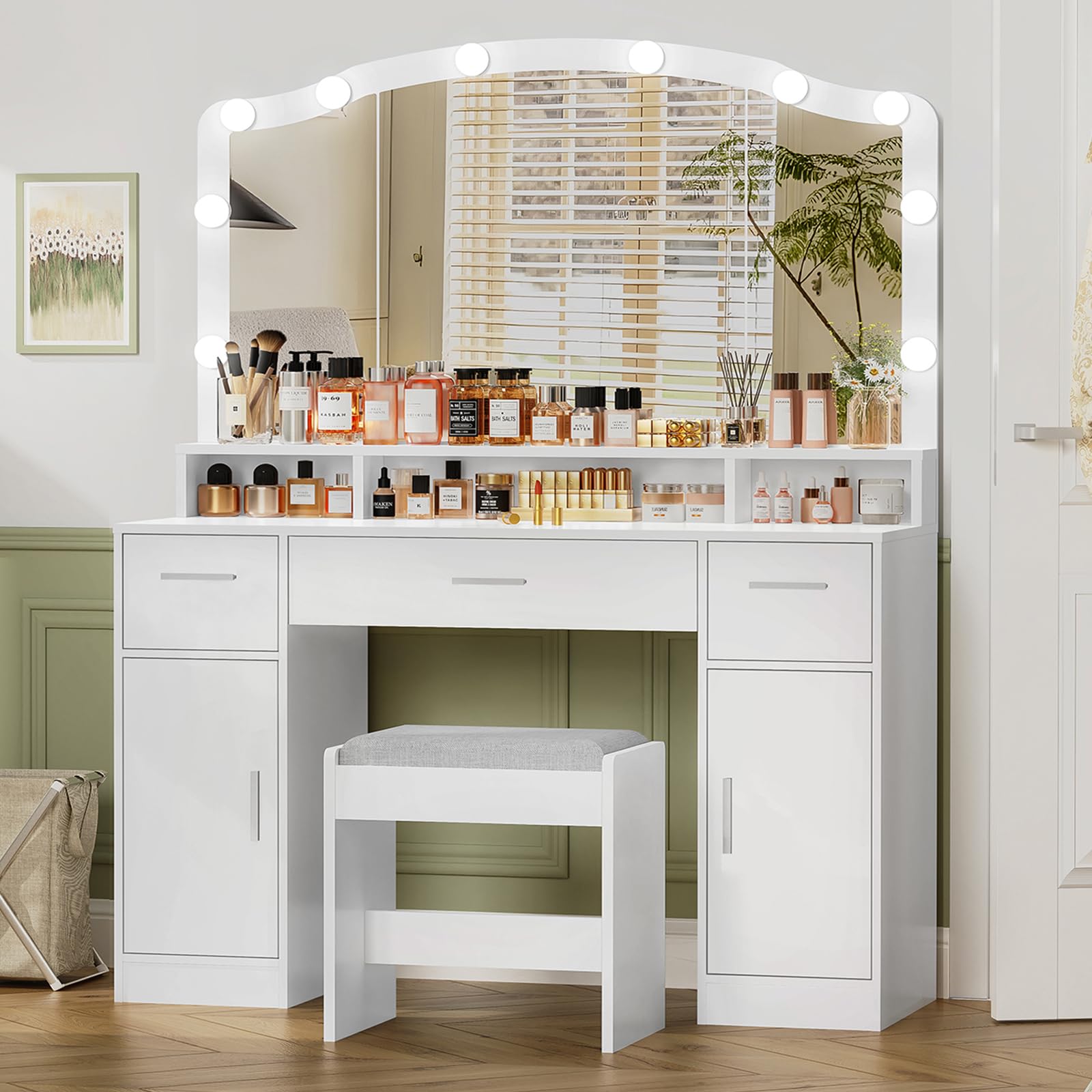 USIKEY White Makeup Vanity with Lights - 10 LED Dressing Table with 3 Drawers, 2 Cabinets & Storage Shelf, Includes Stool - Perfect for Women & Girls Bedroom, Beauty Salon or Dressing Room