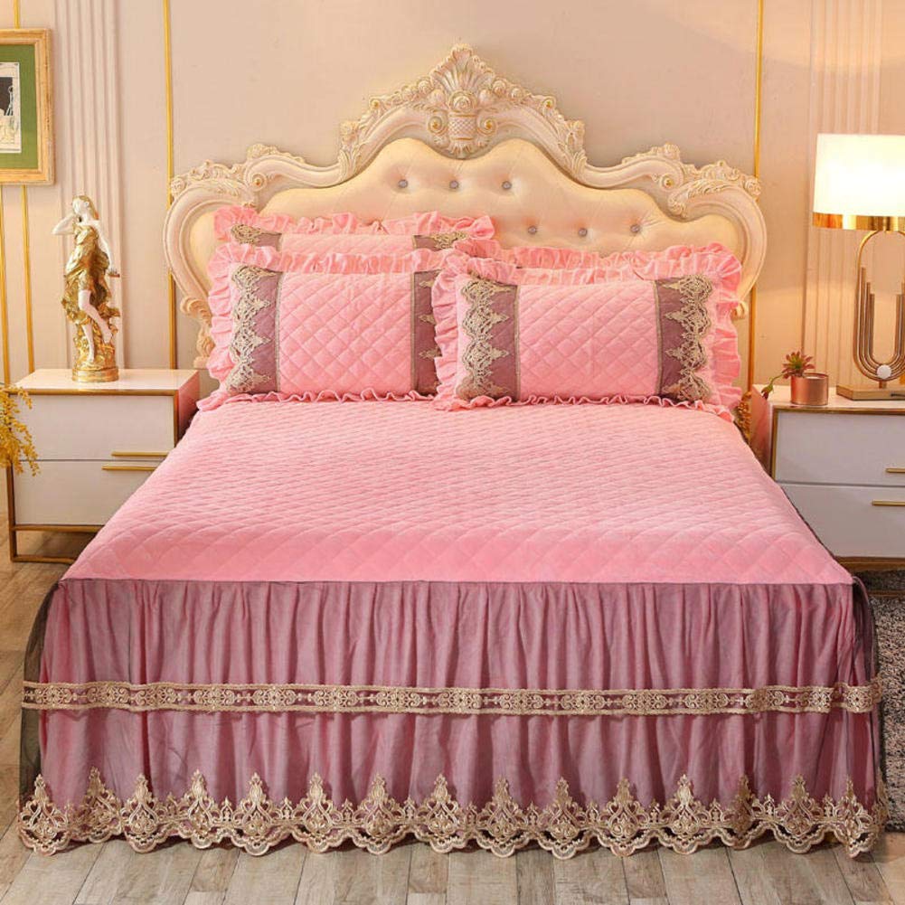 Luxury Lace Ruffle Bed Skirt - Crystal Velvet Bedspread with Frilled Valance - 18 Inch Drop Fitted Wrap Around Quilted Sheet (Pink, 200x220cm/79x87in) - Non-Slip Wrinkle-Free Design for Master Bedroom & Guest Room Decor