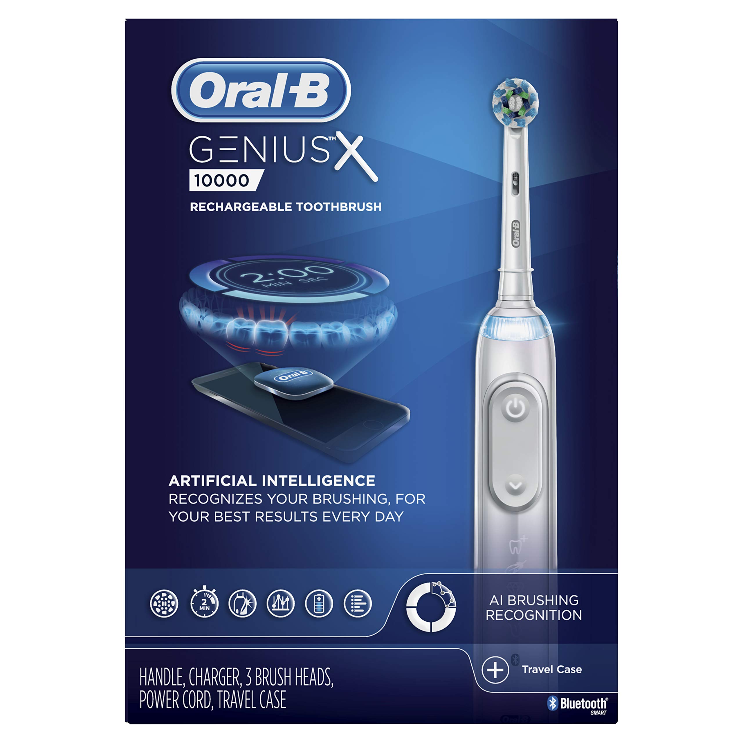 Oral-B GENIUS X Electric Toothbrush with 3 Replacement Brush Heads & Travel Case - Advanced AI Toothbrush for Professional Cleaning, White (Packaging May Vary) - Perfect for Home Use, Travel & Daily Oral Care Routine