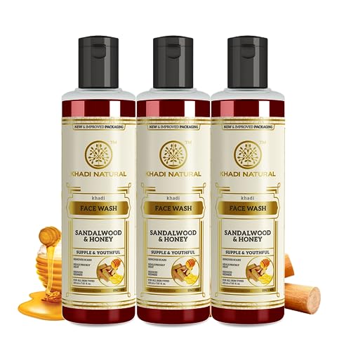 Khadi Natural Sandalwood & Honey Face Wash for Acne Scars & Blemish Reduction - Organic Cleanser for Healthy Glowing Skin - All Skin Types - 3 Pack (630ml Total) - Perfect for Daily Skincare Routine & Travel