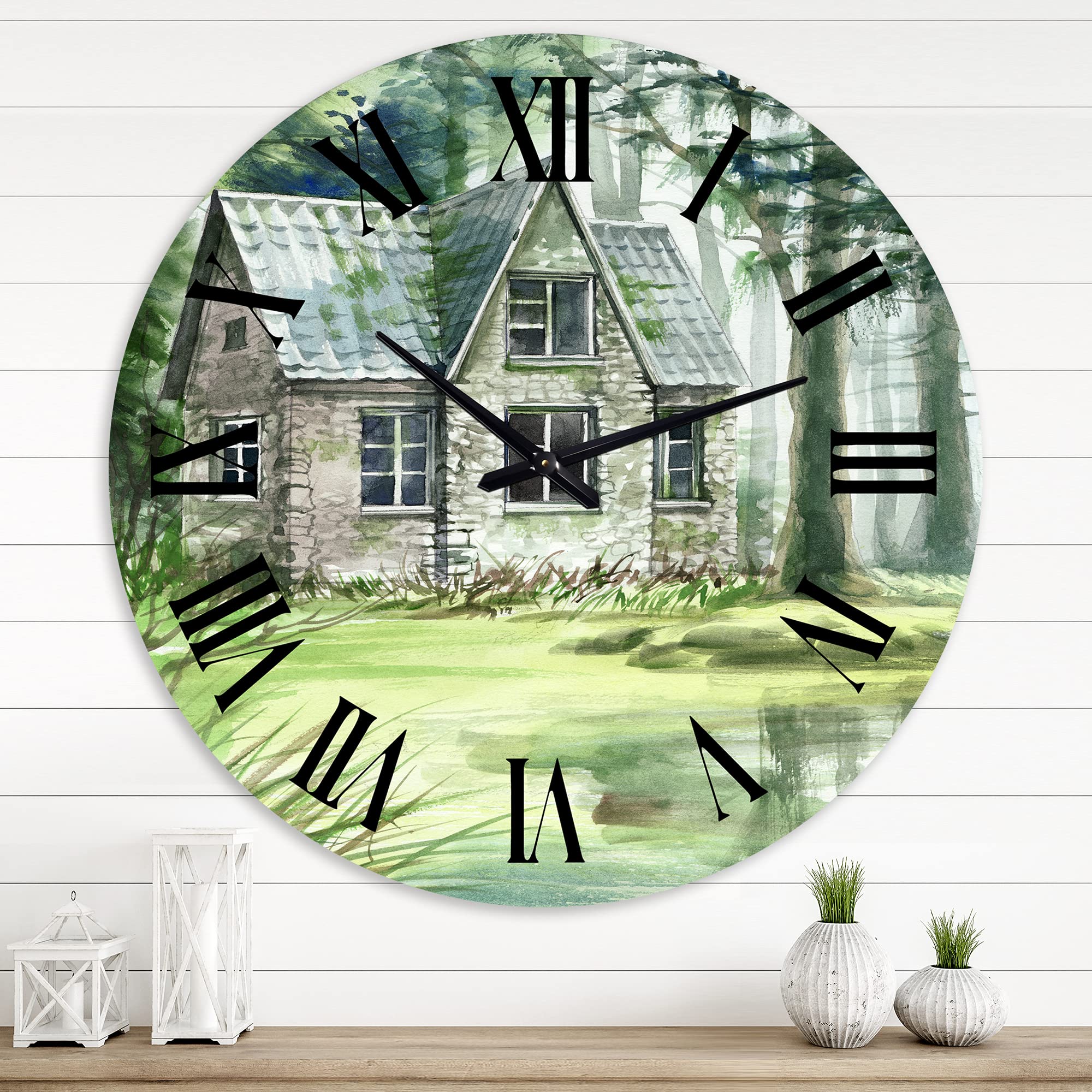 DesignQ Lake House Wall Clock - 'Haunted House in The Pine Forest' Landscape Nature Wall Art - Large Rustic Clock for Living Room, Bedroom, Office Decor - Perfect for Farmhouse, Cabin & Home Interior Design