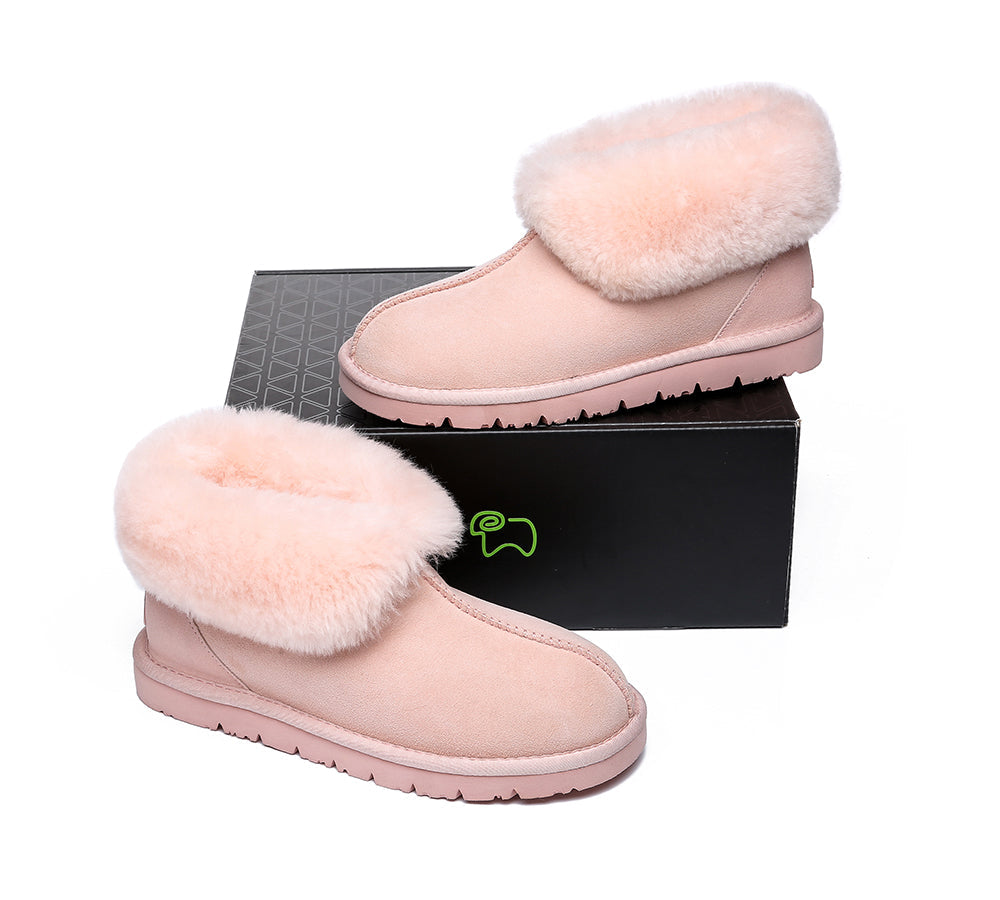 EVERAU® Women's UGG Slippers - Genuine Sheepskin & Wool Collar Ankle Booties - Cozy House Shoes for Winter Indoor/Outdoor Wear
