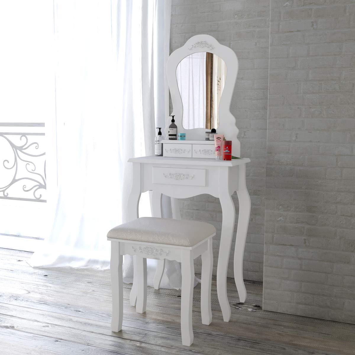 Modern White Vanity Table Set with 3 Drawers, Fan-Shaped Mirror & Cushioned Stool - Multifunctional Makeup Dressing Desk for Bedroom, Beauty Salon & Home Decor | Perfect for Daily Makeup, Skincare & Hair Styling