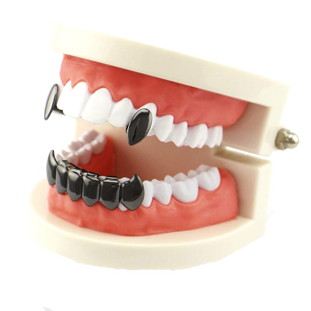 18K Gold Plated Vampire Dracula Teeth Grillz Set - 2 Single Fangs & 6 Bottom Grillz for Halloween Costume, Cosplay, and Gothic Fashion Accessories