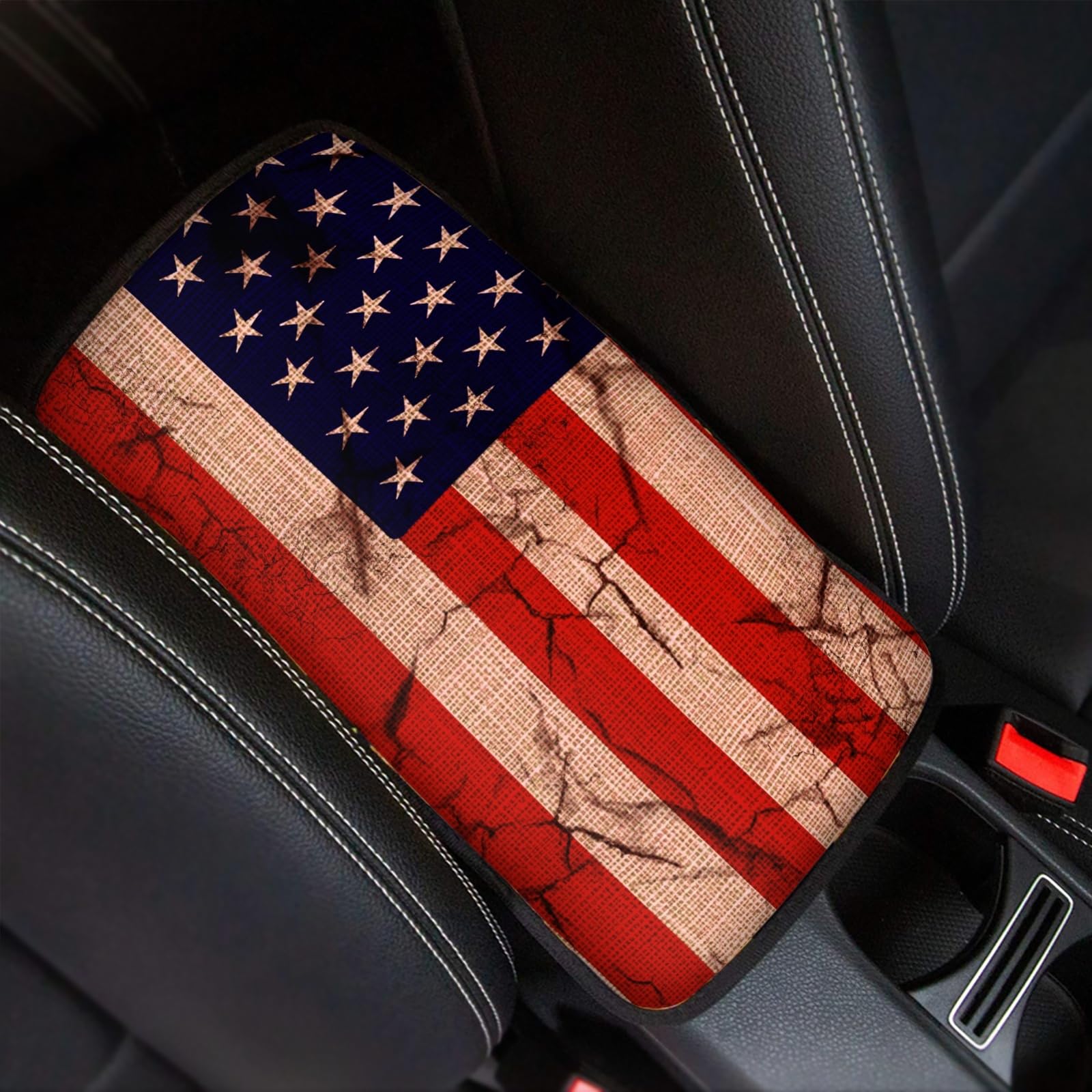 Vintage American Flag Car Center Console Pad - Universal Comfortable Armrest Cover for Most Vehicles, SUVs, Trucks & Cars | Durable Auto Interior Accessories | Perfect for Road Trips & Daily Commutes