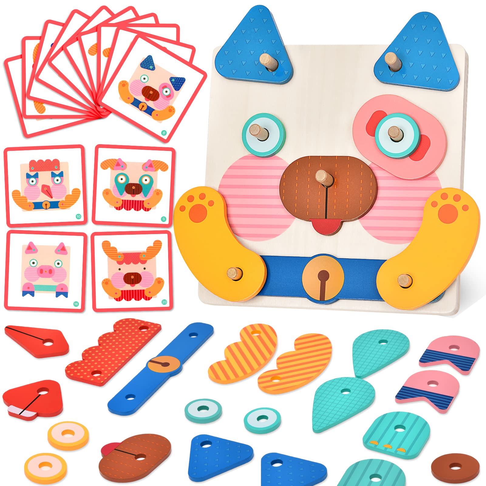 Wooden Animal Face Puzzle - Montessori STEM Learning Toy with 20 Challenge Cards for Toddlers 3-5 | Shape Matching Game, Pattern Blocks & Sorting Activity Board | Perfect Preschool Educational Gift for Boys & Girls | Great for Classroom, Homeschool & Early Childhood Development