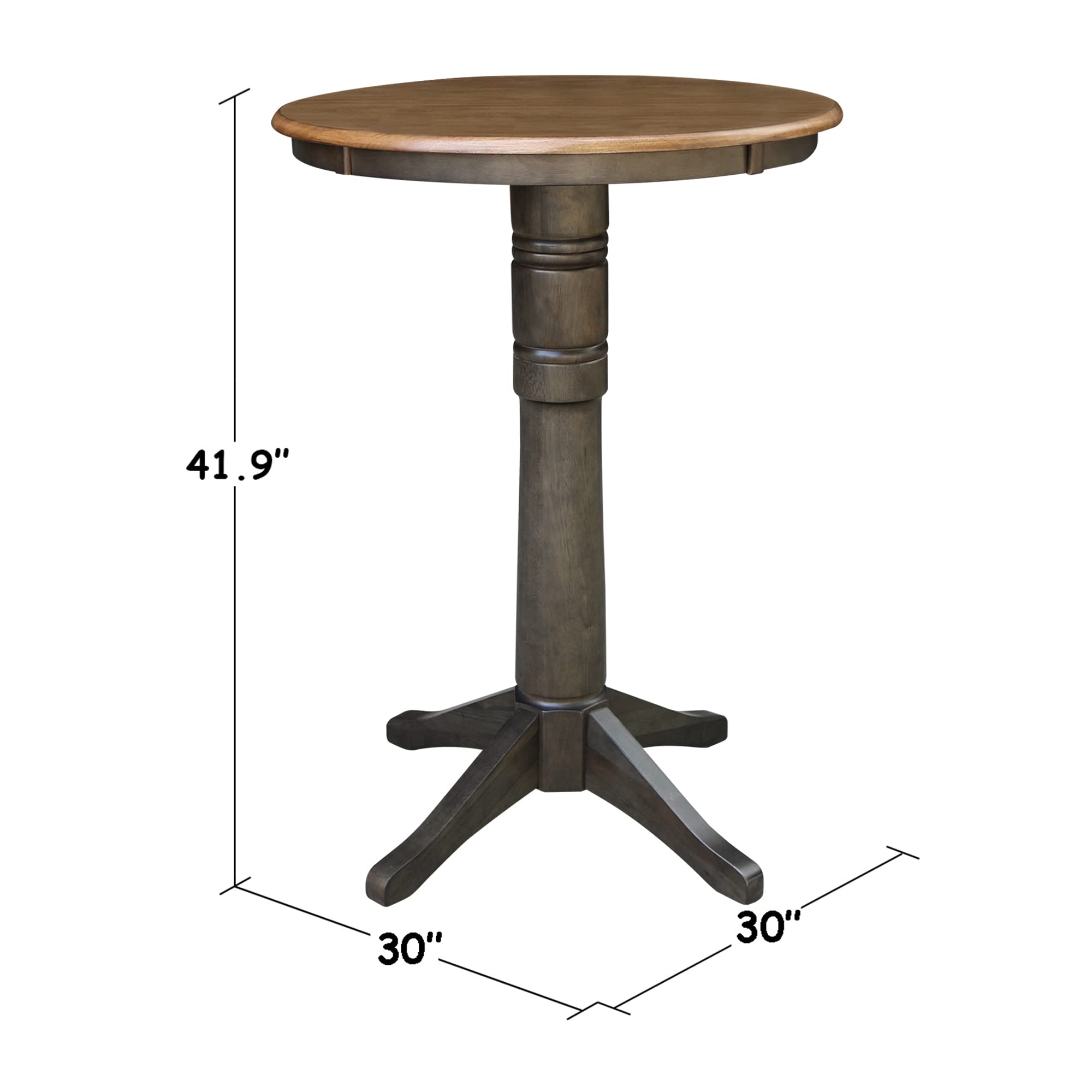 IC International Concepts Round Top Pedestal Dining Table - 42 Inch Bar Height - Solid Hickory Wood with Washed Coal Finish - Perfect for Kitchen, Breakfast Nook & Small Space Dining