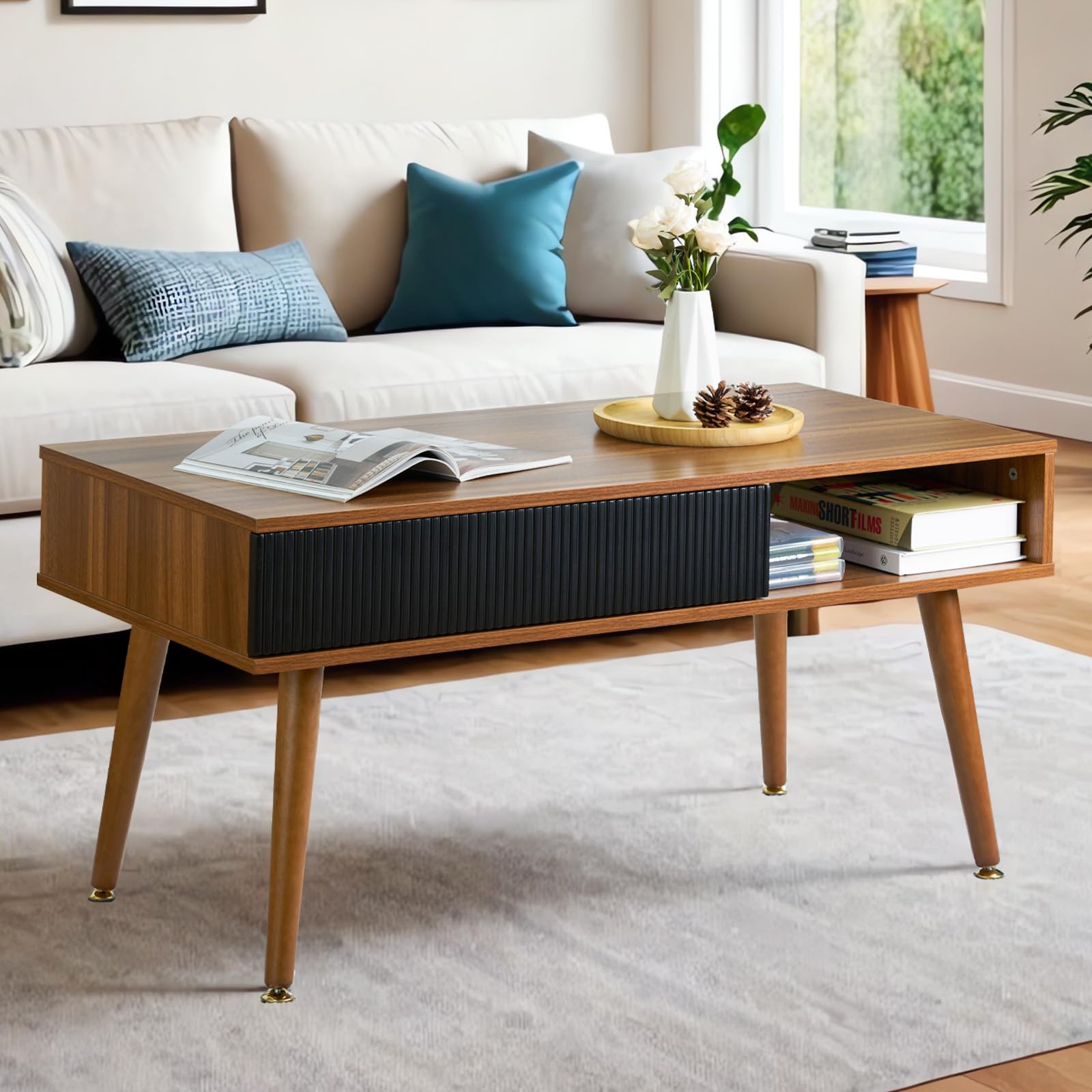 Artswish Mid Century Modern Coffee Table with Drawer & Open Storage - Walnut Wood Living Room Table for Home Decor | Perfect for Small Spaces, Apartments & Cozy Living Rooms