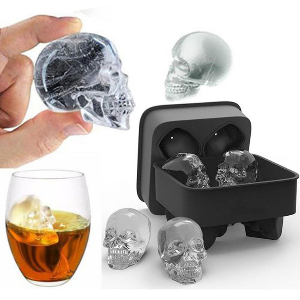 3D Flexible Silicone Skull Ice Cube Molds - Set of 4 Giant Round Ice Cube Makers for Cocktails, Whiskey & Halloween Party Drinks - BPA Free Reusable Ice Tray for Home Bar & Themed Events