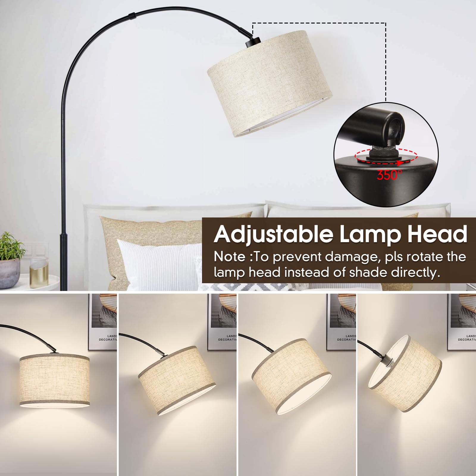 Dimmable Arc Floor Lamp with Adjustable Hanging Shade - 9W LED Bulb Included - Modern Black Standing Lamp for Living Room, Bedroom - Perfect Over Couch Tall Reading Light & Ambient Lighting
