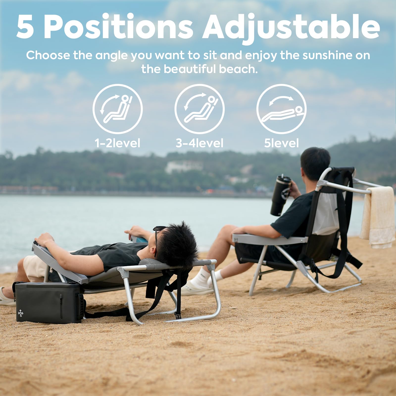 ICECO Heavy Duty Folding Beach Chair for Adults - 5 Position Reclining Portable Outdoor Chair with Cup Holder - 350lb Capacity for Beach, Camping, Lawn, Picnic, Backyard & Travel
