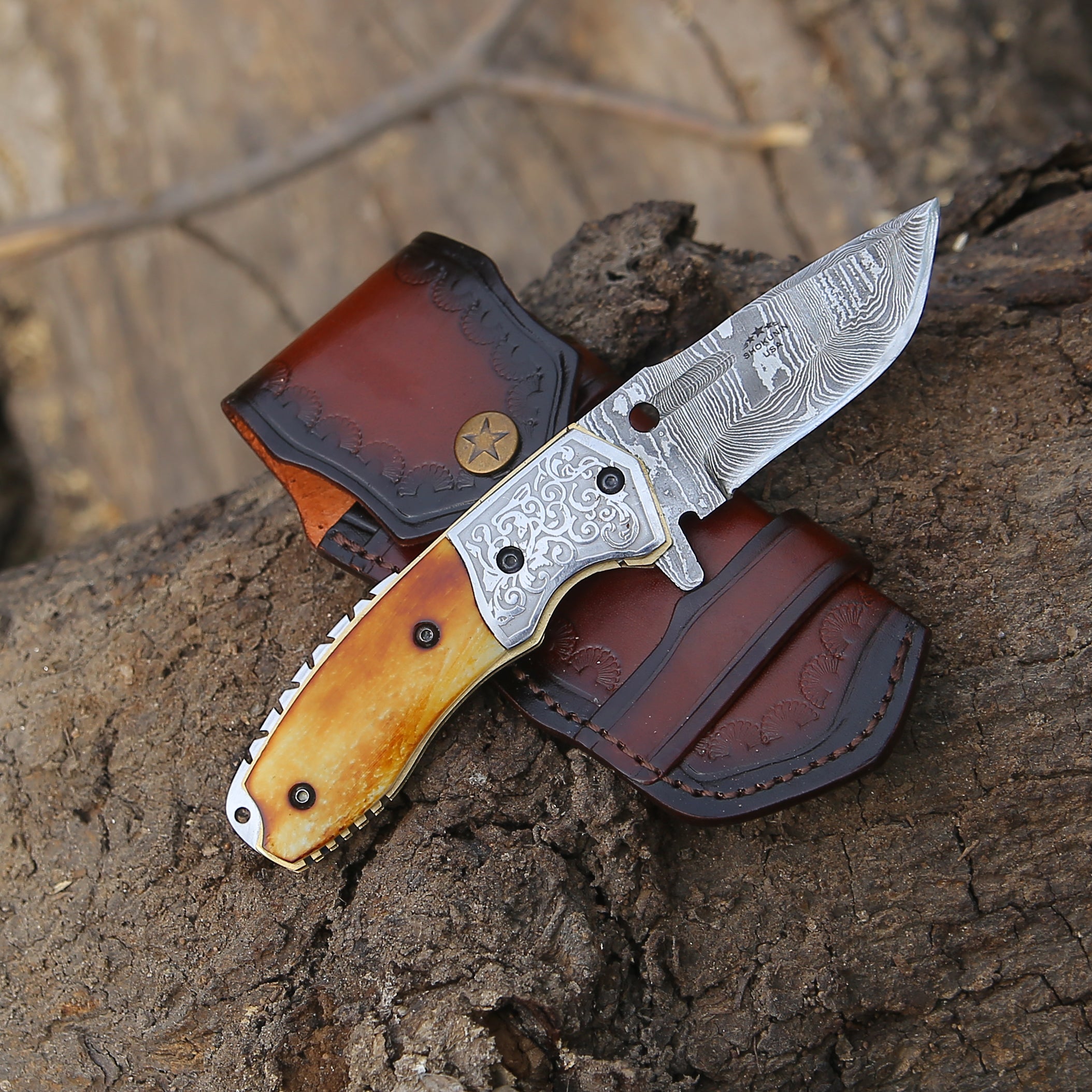 Premium Damascus Steel Pocket Knife with Charred Bone Handle - Tactical EDC, Outdoor Survival, Camping & Hunting Gear