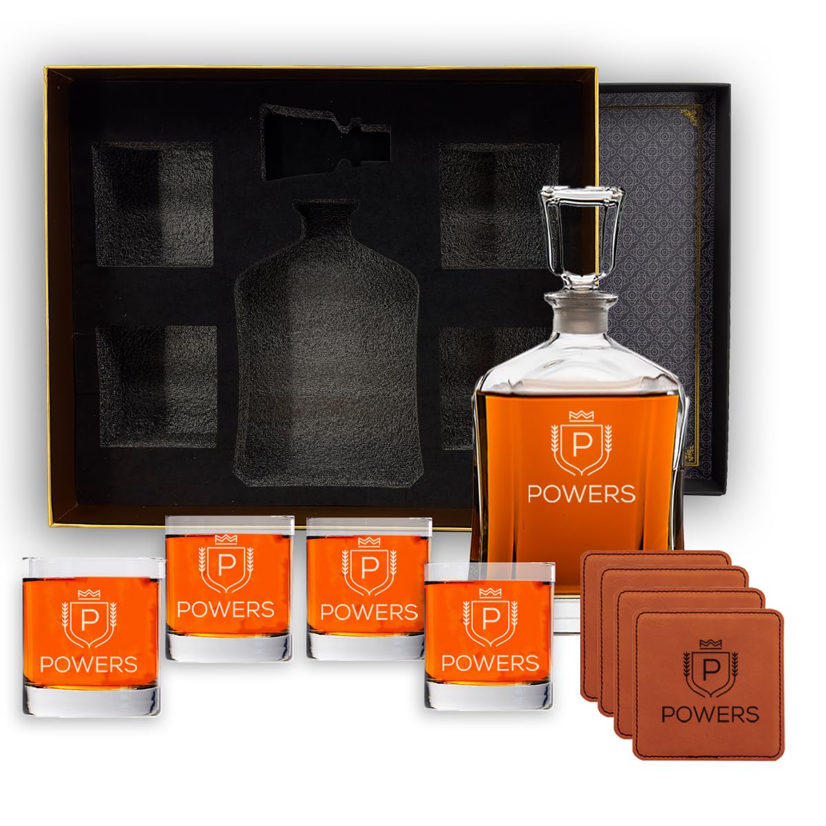 Personalized Whiskey Decanter Set with 2 Scotch Glasses & Whiskey Stones - 9 Engraved Design Options for Men - Premium Gift for Dad, Husband, Boyfriend - Ideal for Christmas, Valentine's Day & Anniversary Gifts - Perfect for Home Bars, Man Caves & Special Occasions - by Froolu