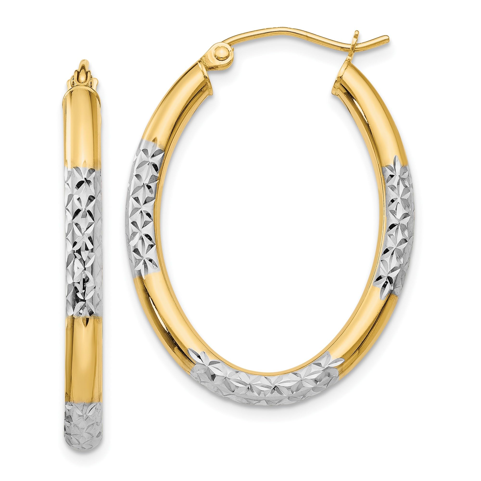 14K Solid Two-Tone Yellow & White Gold 3mm Oval Medium Hoop Earrings for Women - Elegant Everyday Jewelry, Perfect for Work, Date Night & Special Occasions