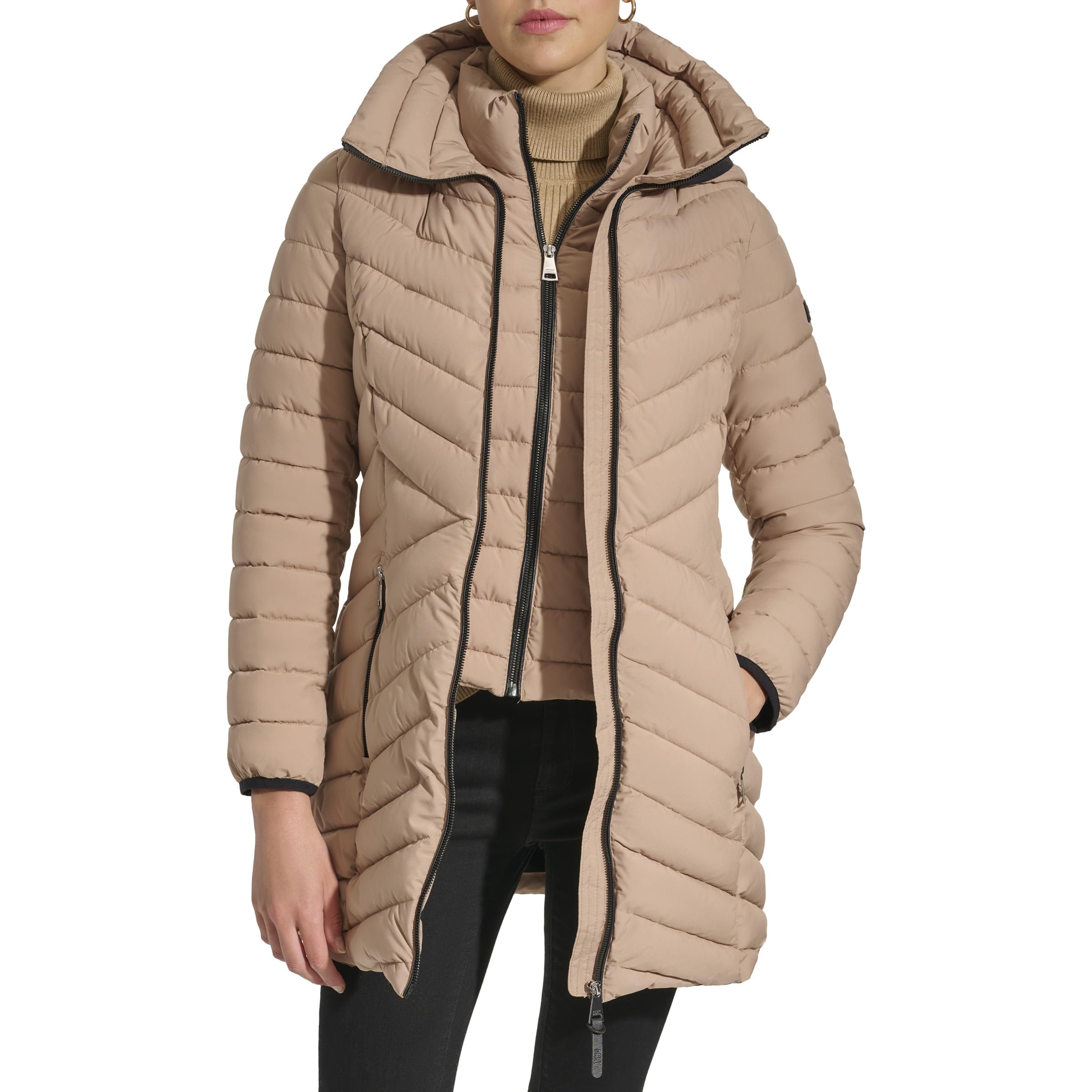 DKNY Women's Lightweight Puffer Jacket with Bib-Front Design - Stylish Winter Coat for Casual Outings & Outdoor Activities