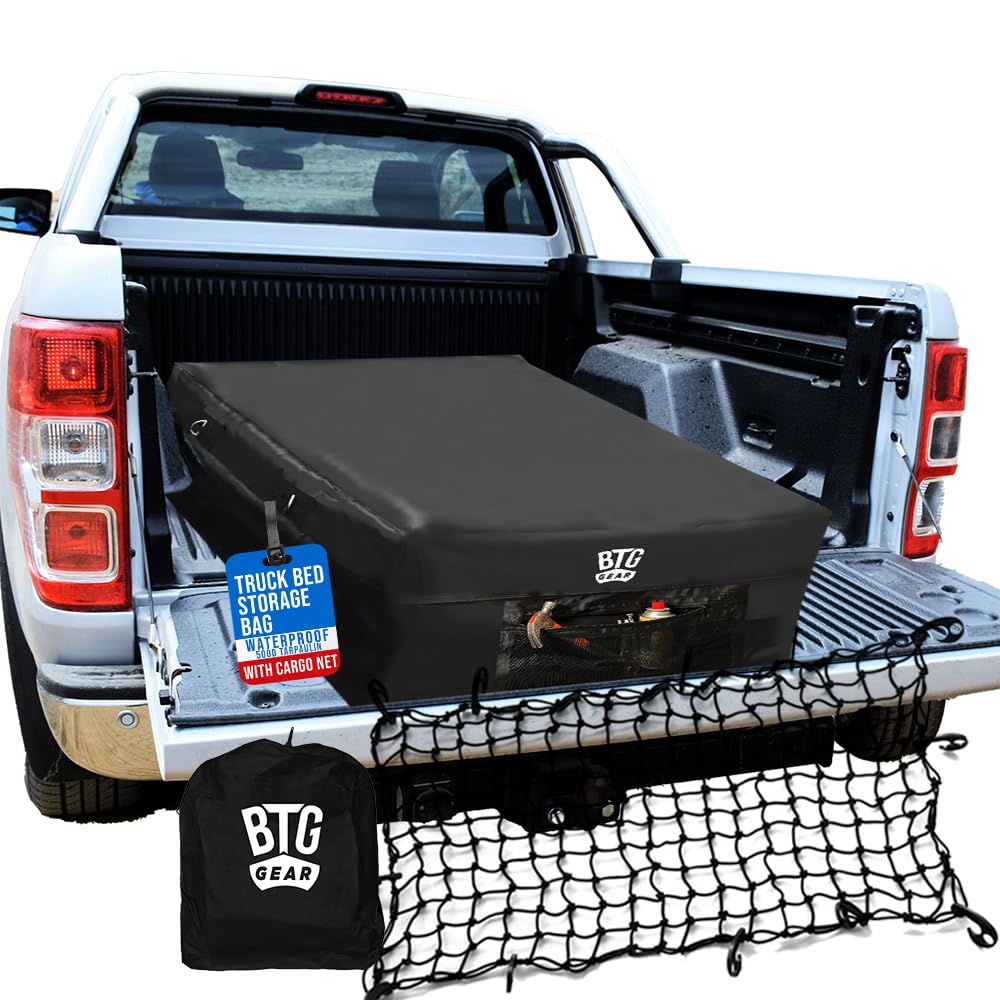 51”x 40” Waterproof Black Pickup Truck Cargo Storage Bag with Cargo Net & Front Pocket - Durable Organizer for Camping Gear, Luggage & Road Trips