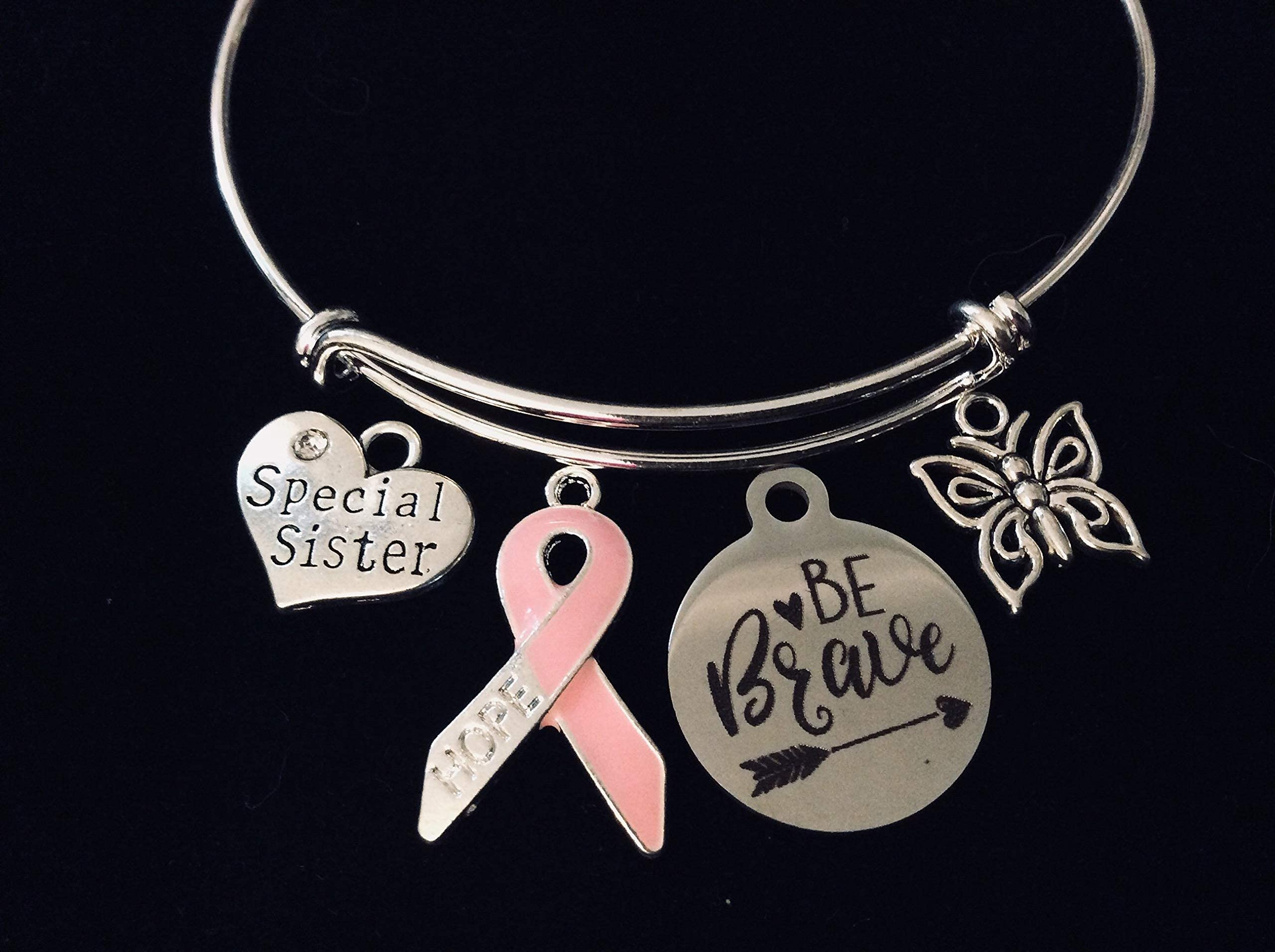 Brave Pink Ribbon Expandable Charm Bracelet - Adjustable Silver Wire Bangle for Breast Cancer Awareness - One Size Fits All - Customizable Gift for Sister, Friend & Loved Ones - Perfect for Support, Hope & Awareness Campaigns