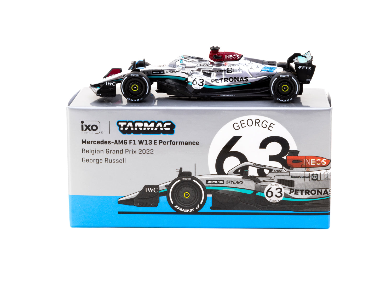 Tarmac Works X iXO Models 1/64 Scale Mercedes AMG F1 W13 E Performance Belgian Grand Prix 2022 George Russell #63 Diecast Car - Perfect for Collectors, Racing Fans & Display Cases